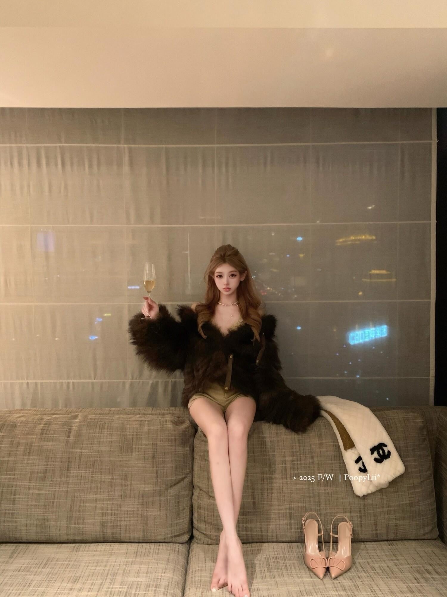 PoopyLii Cake Tiered Striped Stand Collar Women's Fox Fur Faux Fur Coats