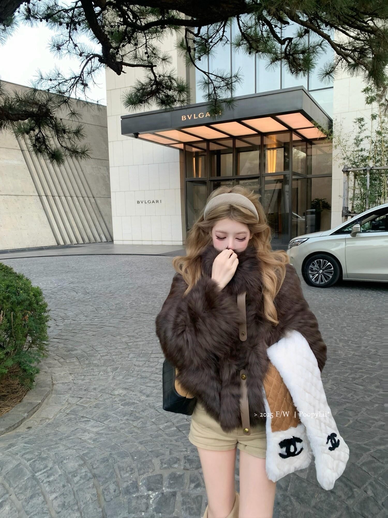 PoopyLii Cake Tiered Striped Stand Collar Women's Fox Fur Faux Fur Coats