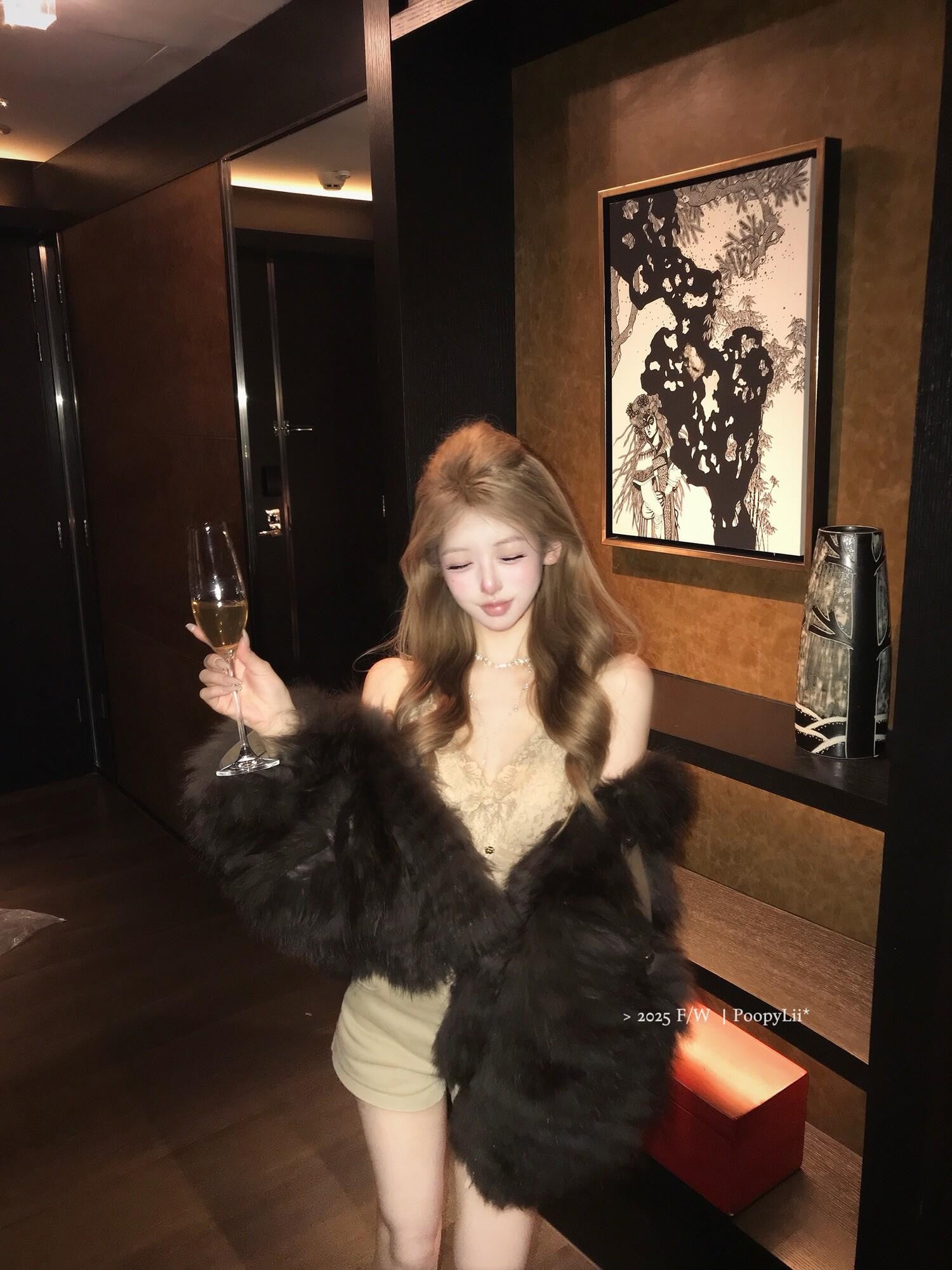 PoopyLii Cake Tiered Striped Stand Collar Women's Fox Fur Faux Fur Coats