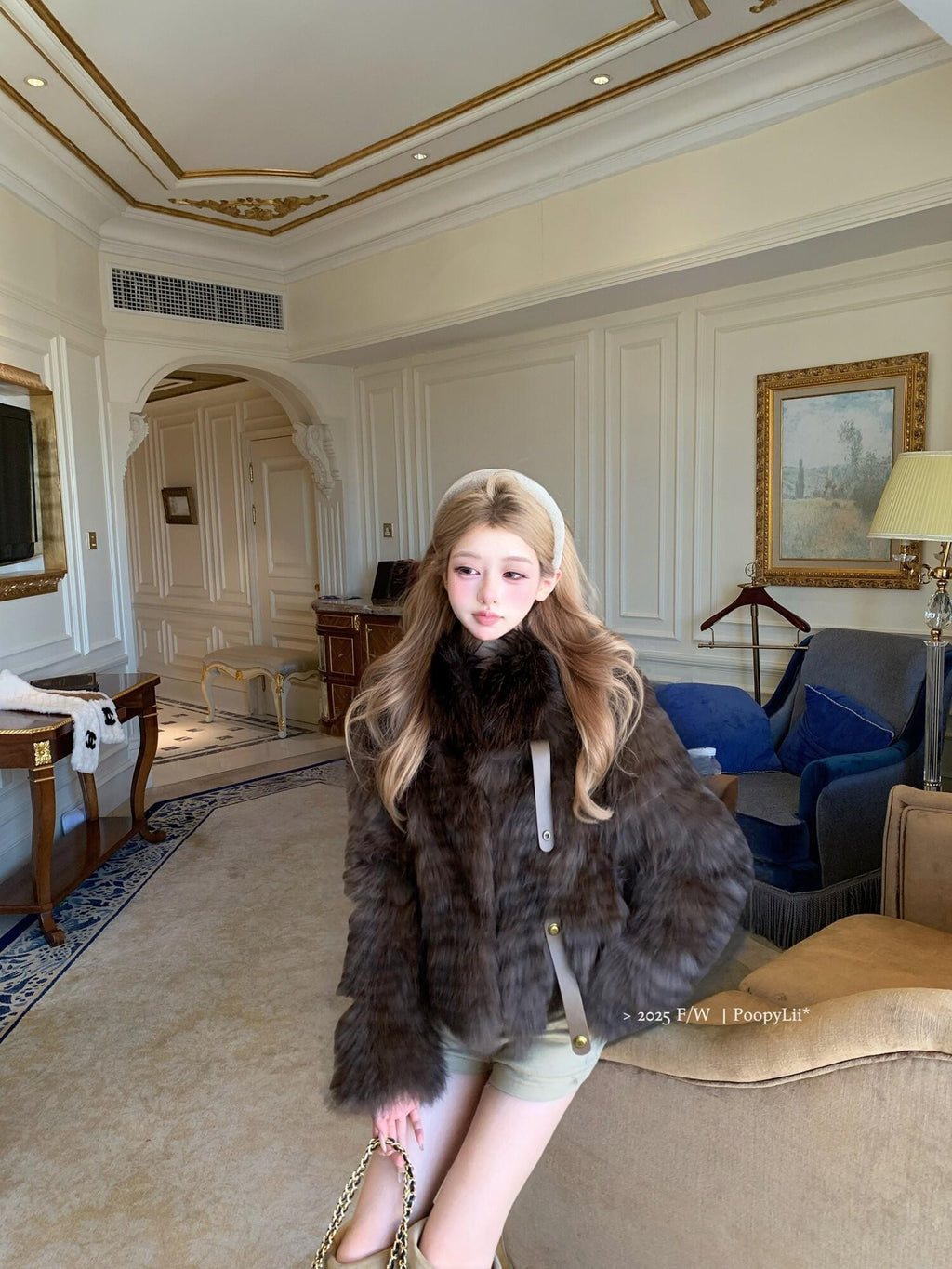 PoopyLii Cake Tiered Striped Stand Collar Women's Fox Fur Faux Fur Coats