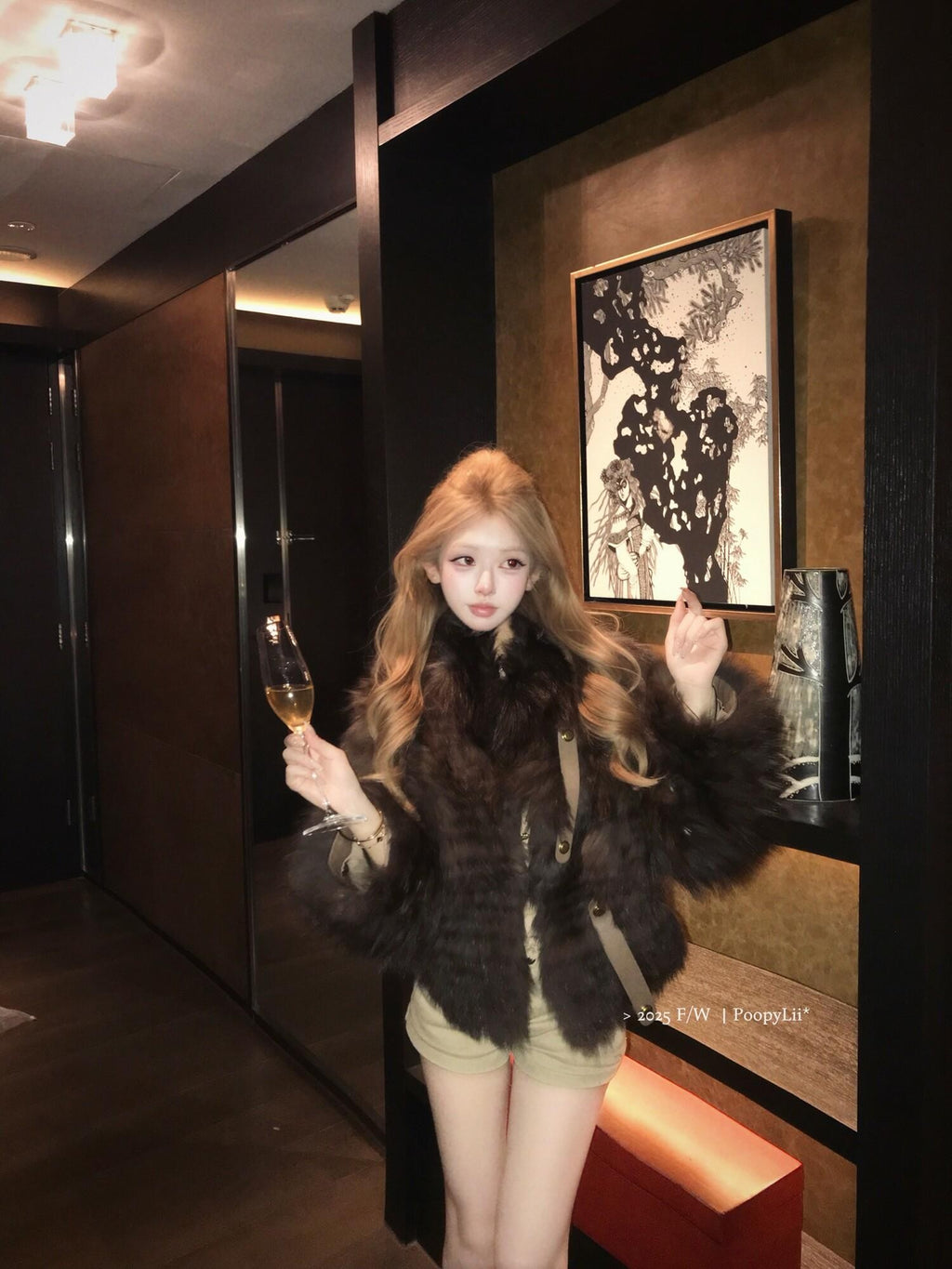 PoopyLii Cake Tiered Striped Stand Collar Women's Fox Fur Faux Fur Coats