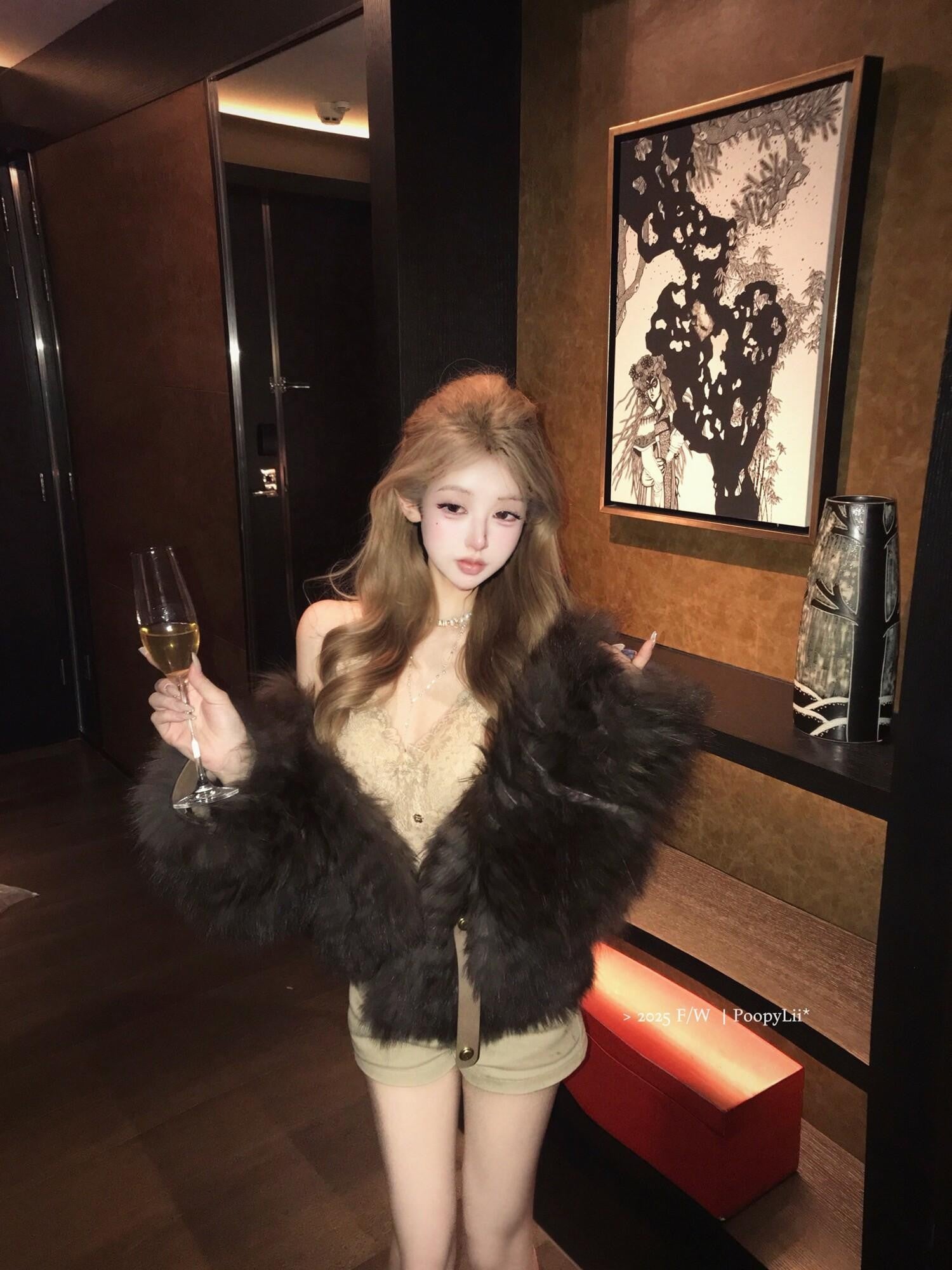 PoopyLii Cake Tiered Striped Stand Collar Women's Fox Fur Faux Fur Coats