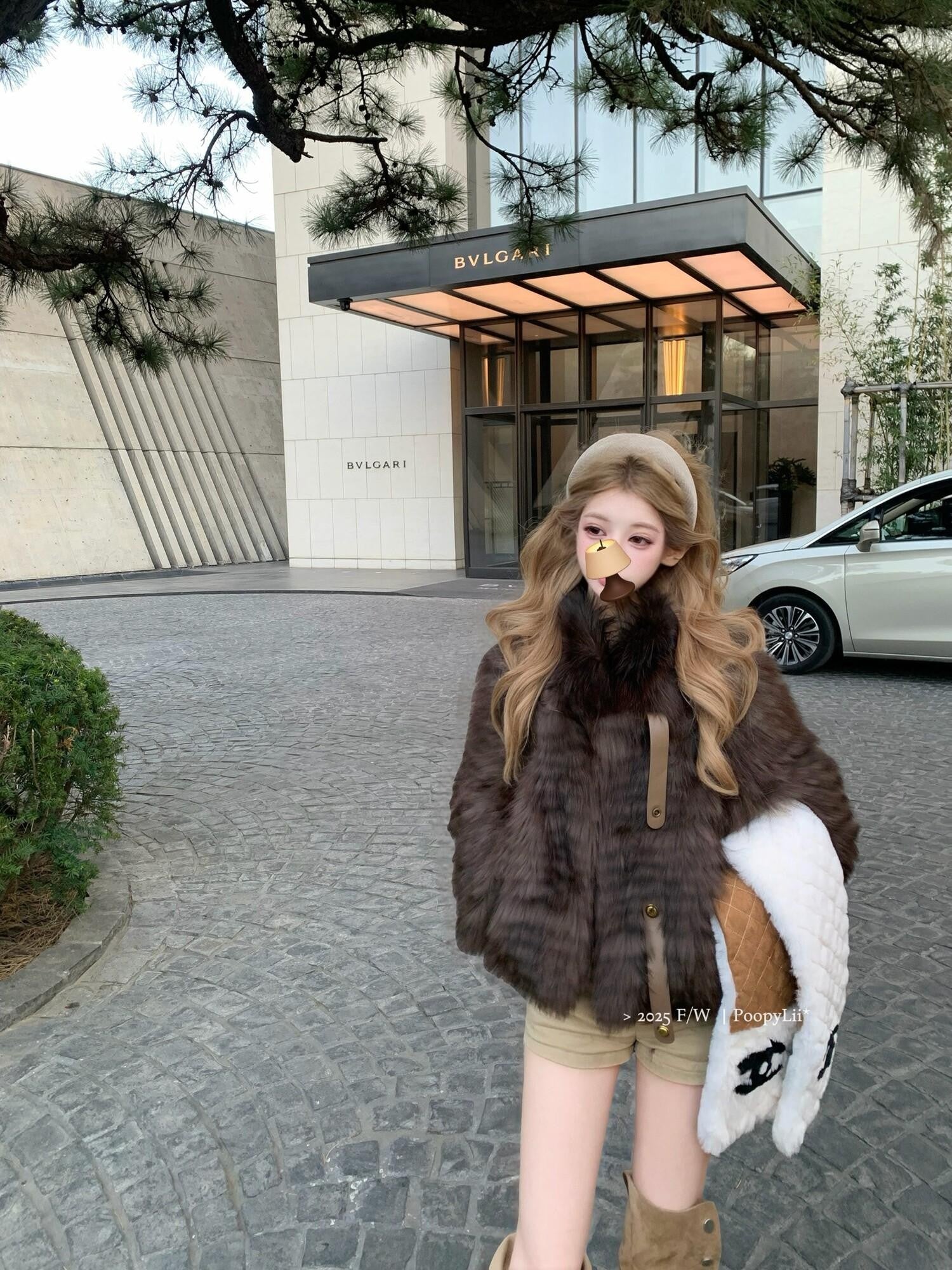 PoopyLii Cake Tiered Striped Stand Collar Women's Fox Fur Faux Fur Coats