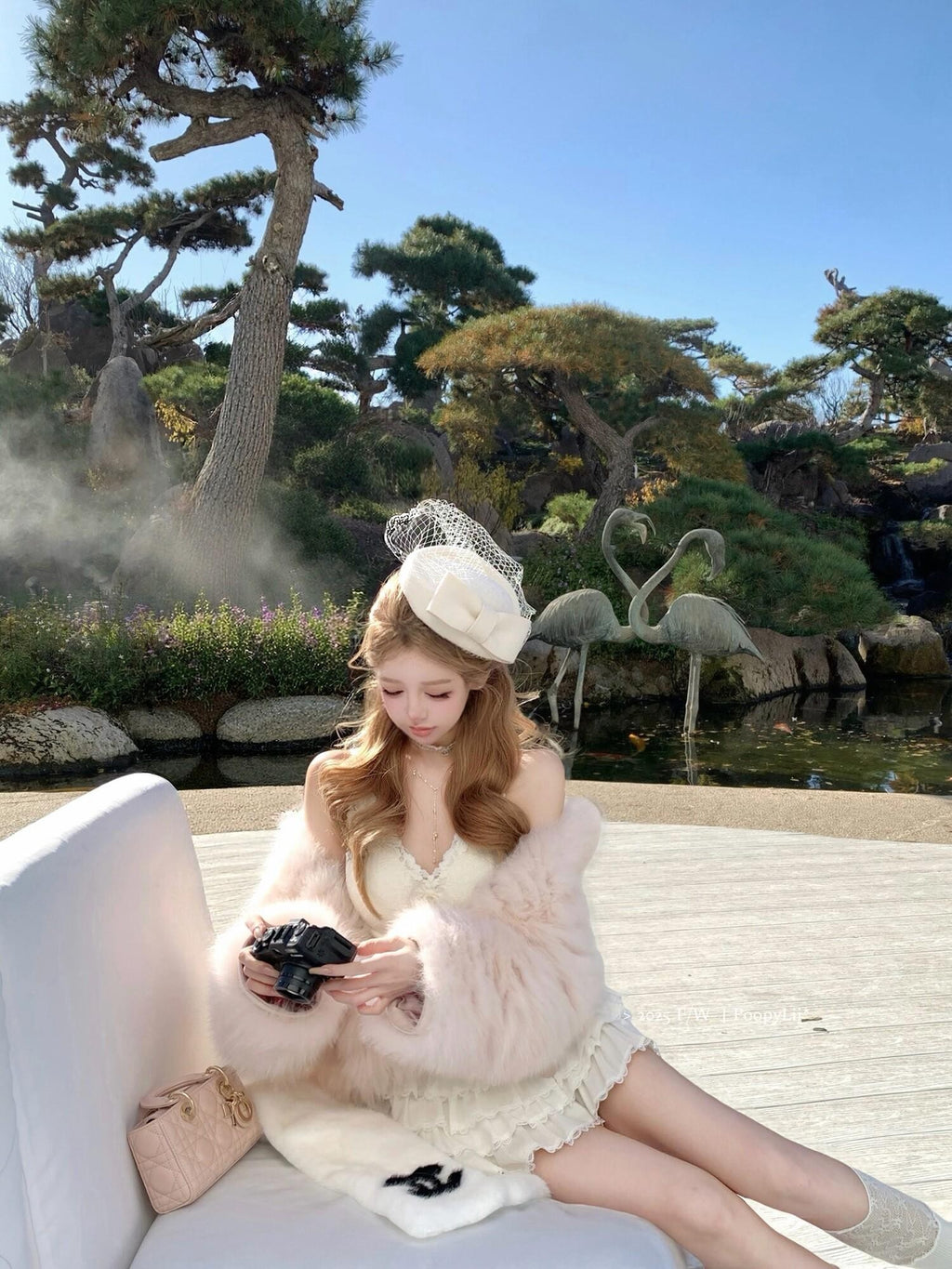 PoopyLii Cake Tiered Striped Stand Collar Women's Fox Fur Faux Fur Coats