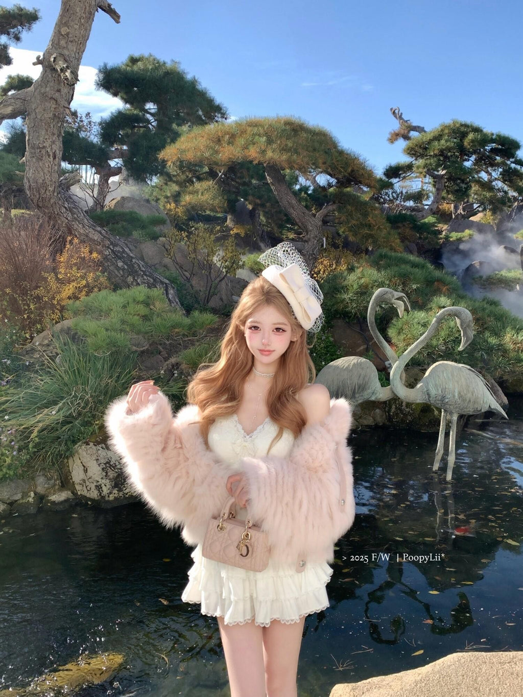 PoopyLii Cake Tiered Striped Stand Collar Women's Fox Fur Faux Fur Coats