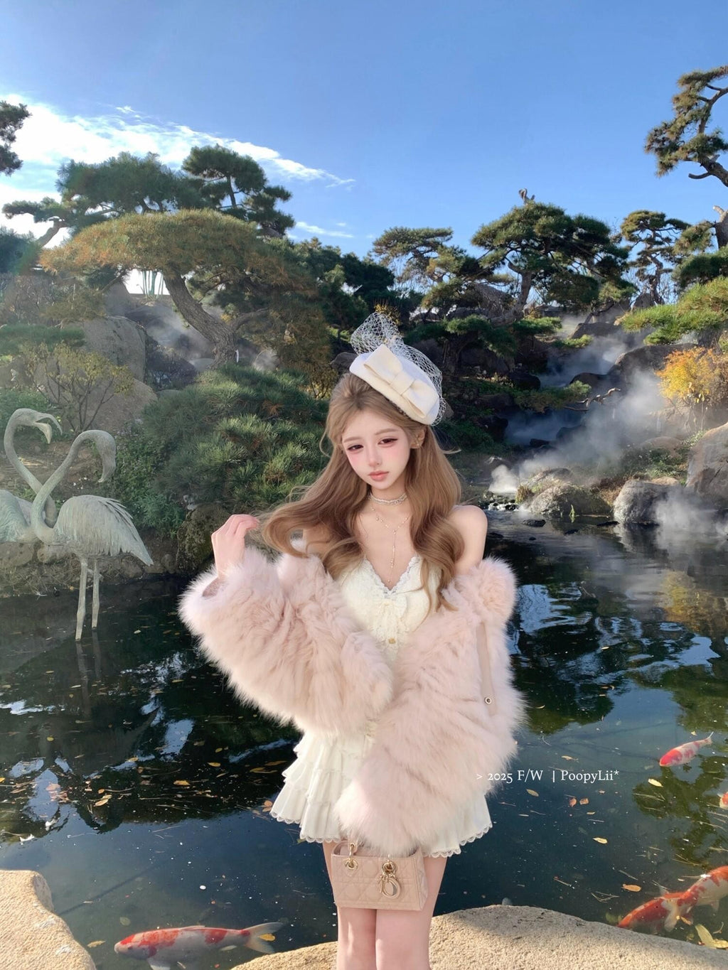 PoopyLii Cake Tiered Striped Stand Collar Women's Fox Fur Faux Fur Coats