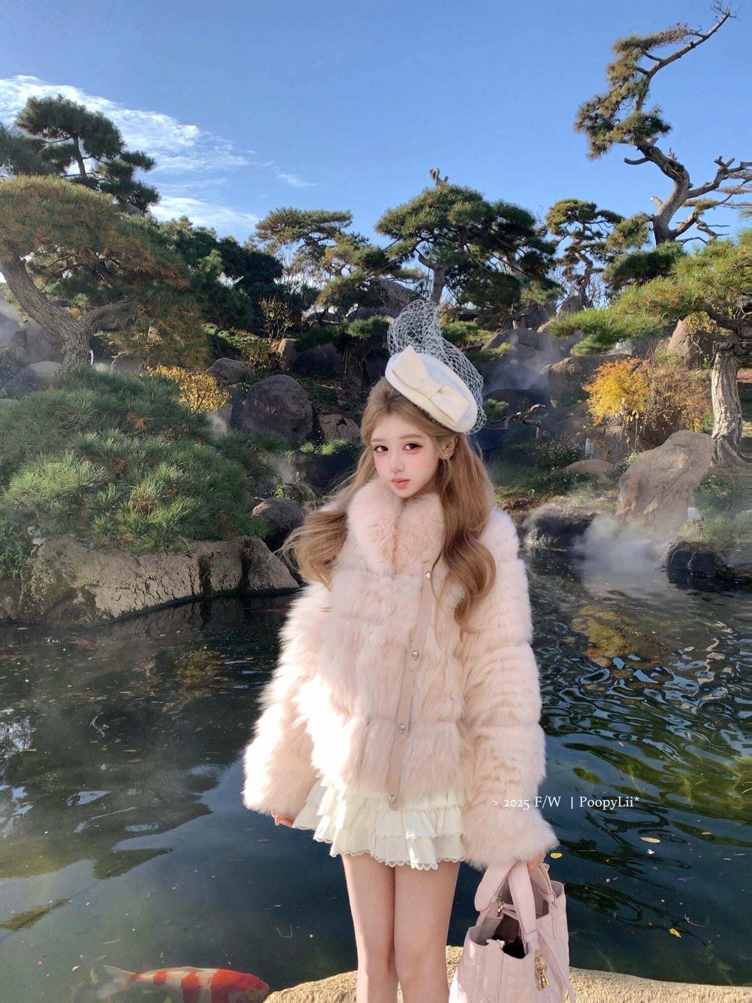 PoopyLii Cake Tiered Striped Stand Collar Women's Fox Fur Faux Fur Coats