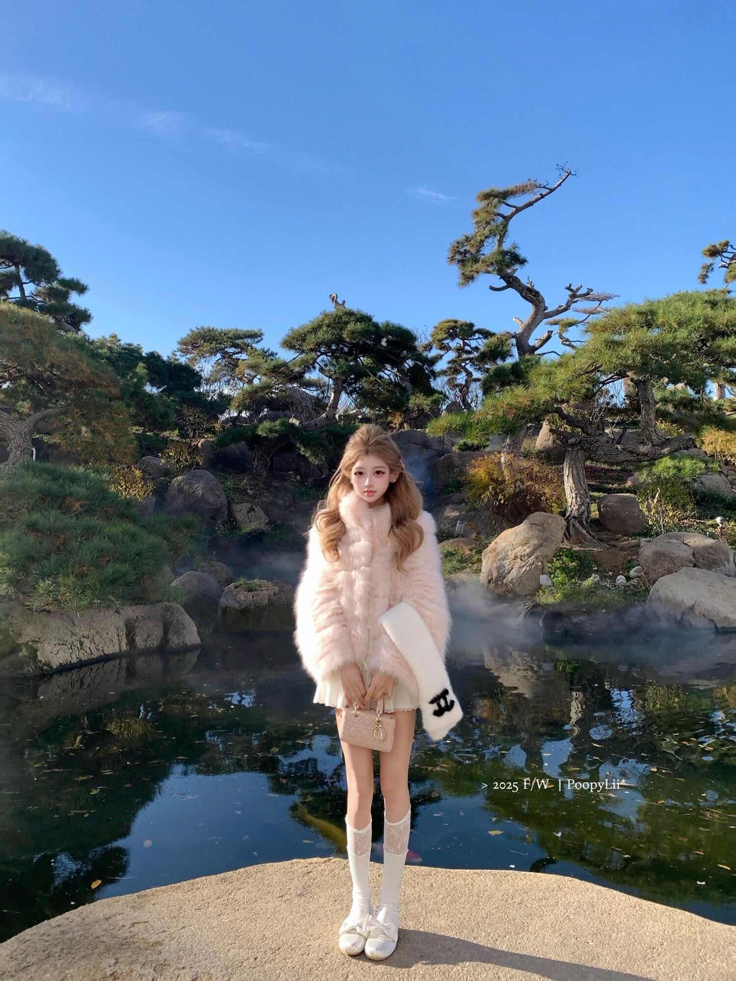 PoopyLii Cake Tiered Striped Stand Collar Women's Fox Fur Faux Fur Coats