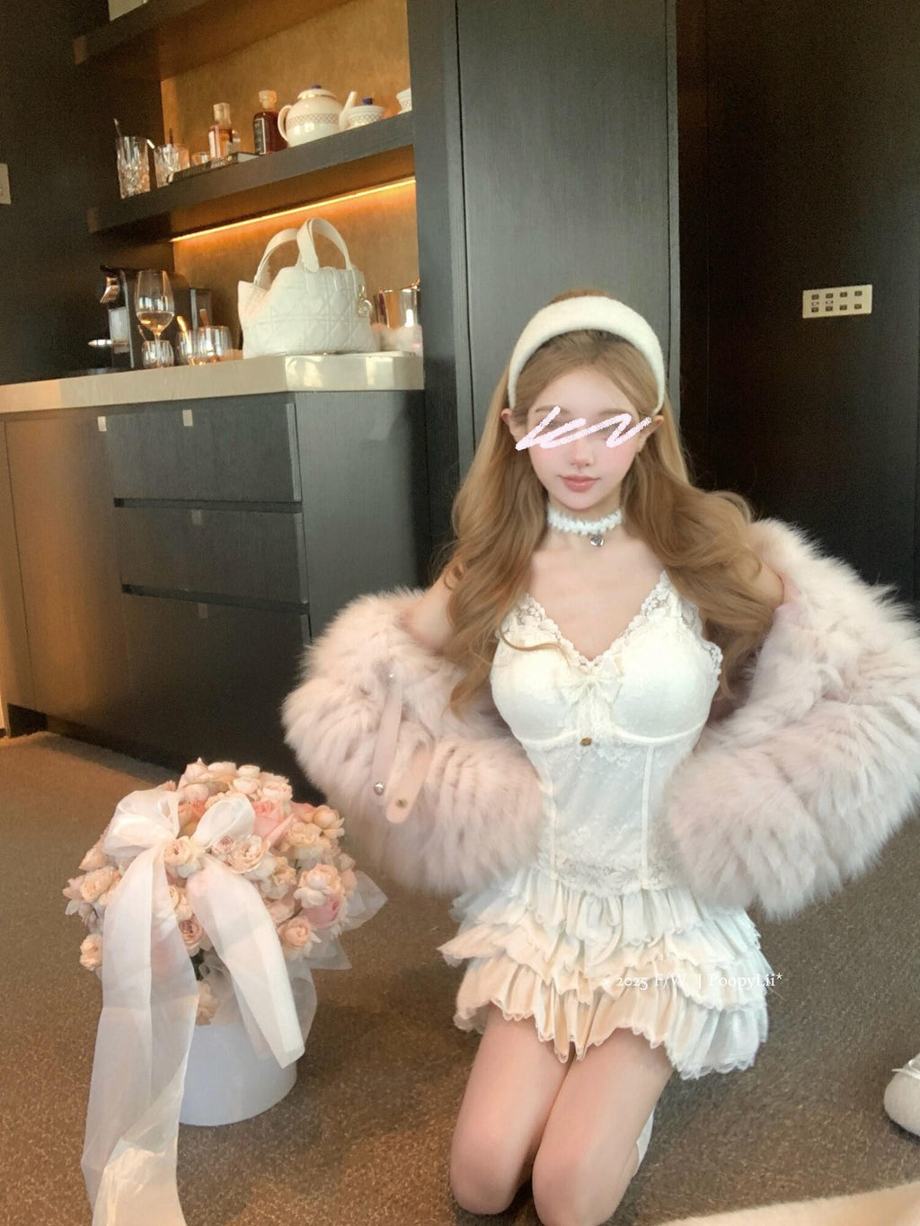 PoopyLii Cake Tiered Striped Stand Collar Women's Fox Fur Faux Fur Coats