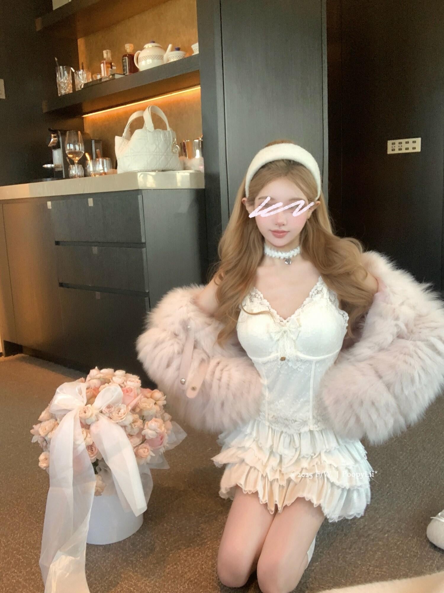 PoopyLii Cake Tiered Striped Stand Collar Women's Fox Fur Faux Fur Coats