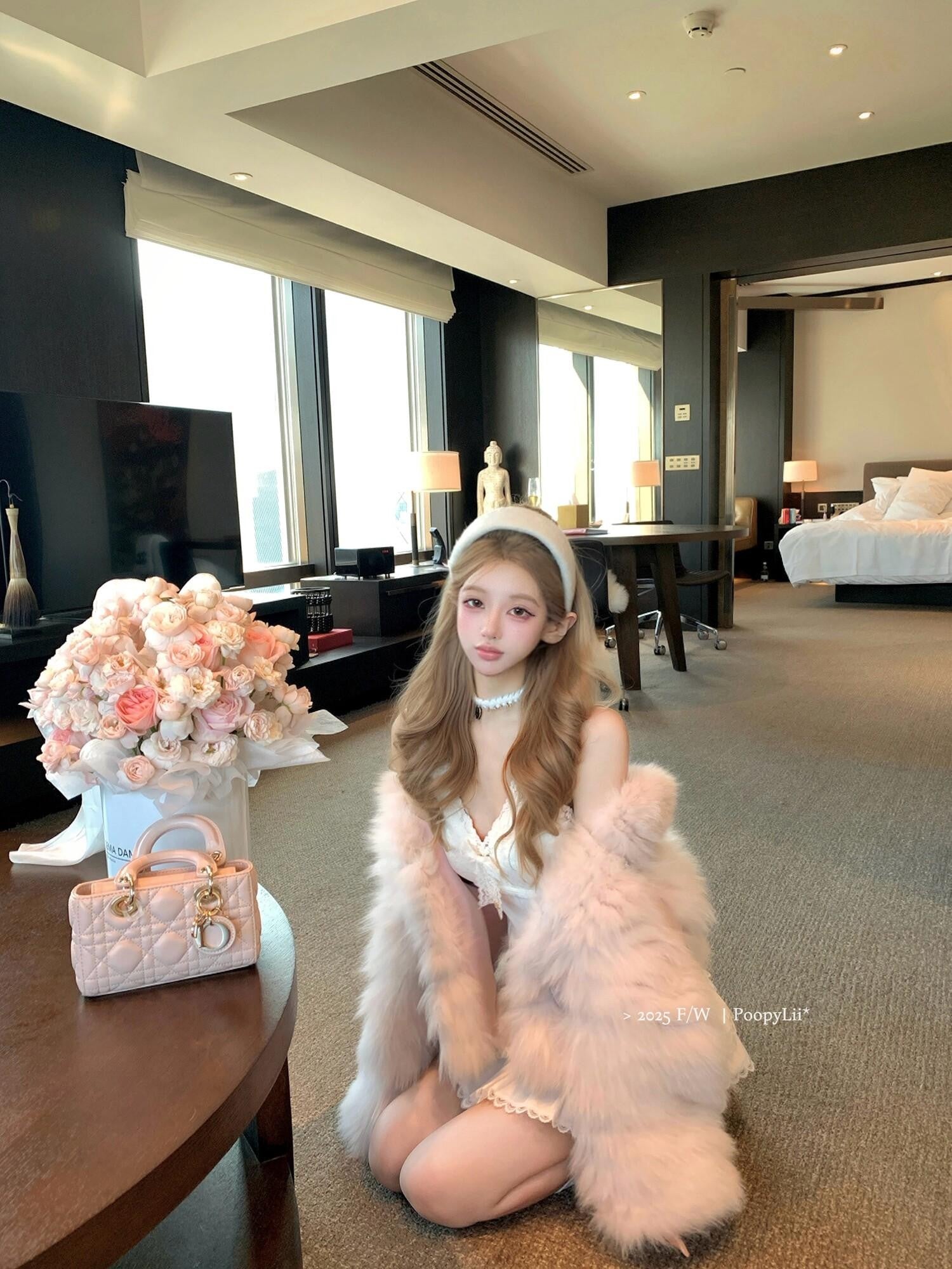 PoopyLii Cake Tiered Striped Stand Collar Women's Fox Fur Faux Fur Coats