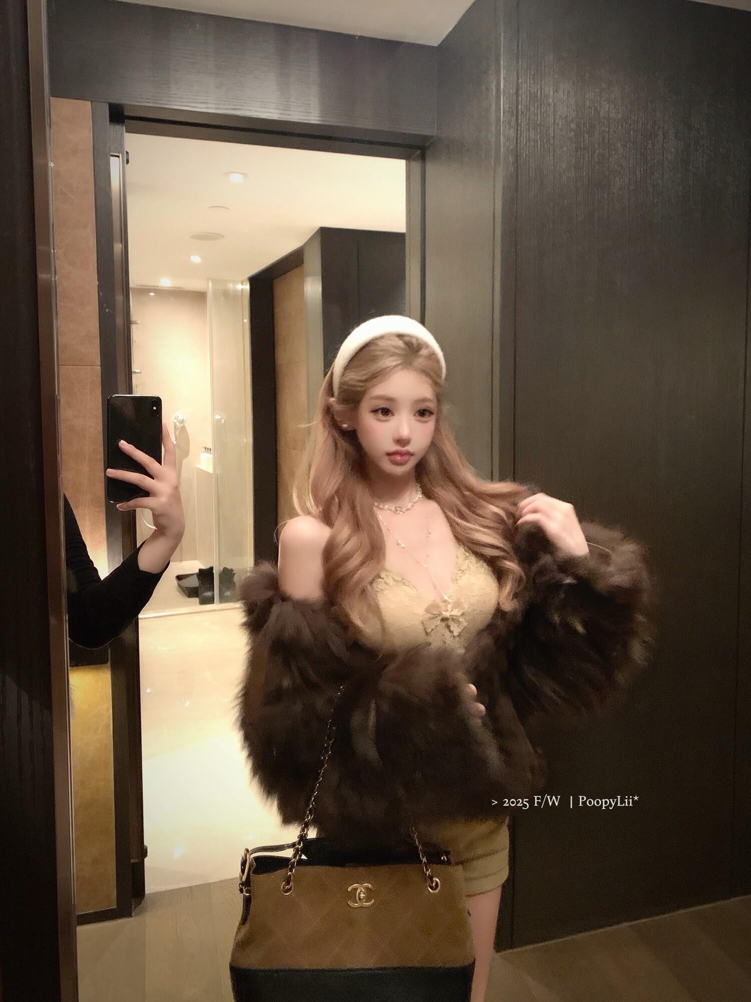 PoopyLii Cake Tiered Striped Stand Collar Women's Fox Fur Faux Fur Coats
