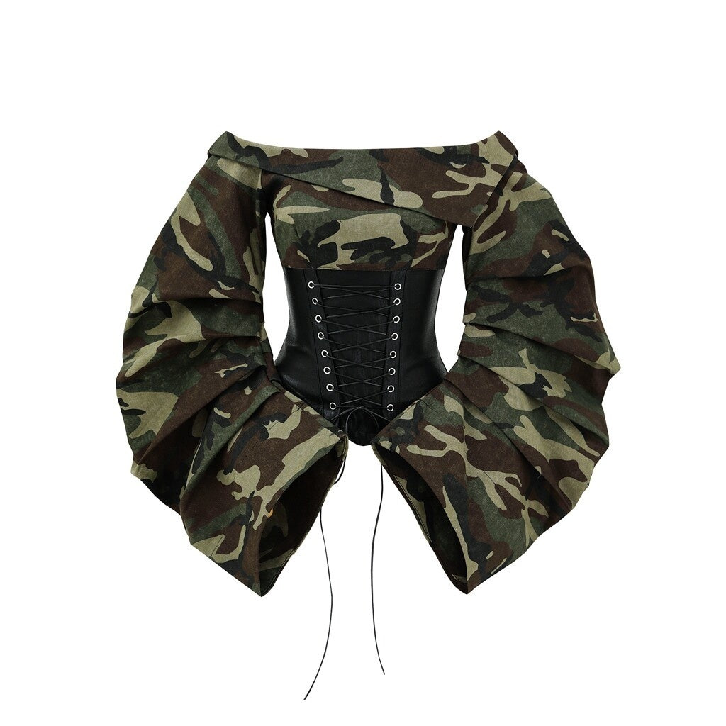 PoopyLii_Camo_Cinched_Waist_One_Shoulder_Tie_Women's_Long_Sleeve_T-shirts_916638426377_MISSTT