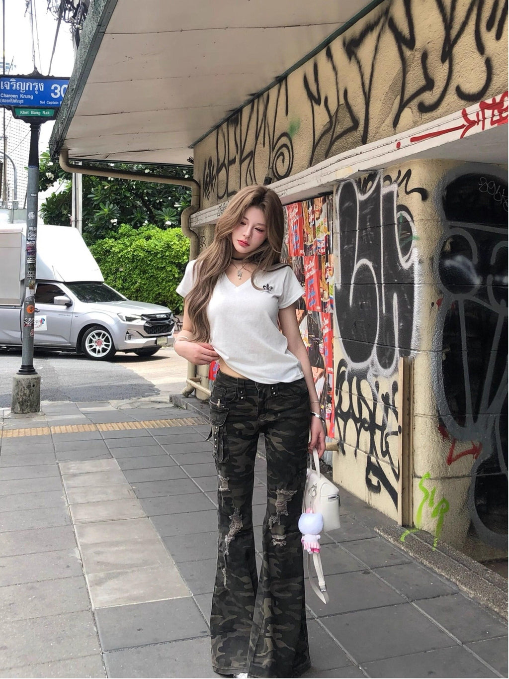 PoopyLii Camo Ripped Distressed Slim Fit Workwear Cargo Women's Flare Pants