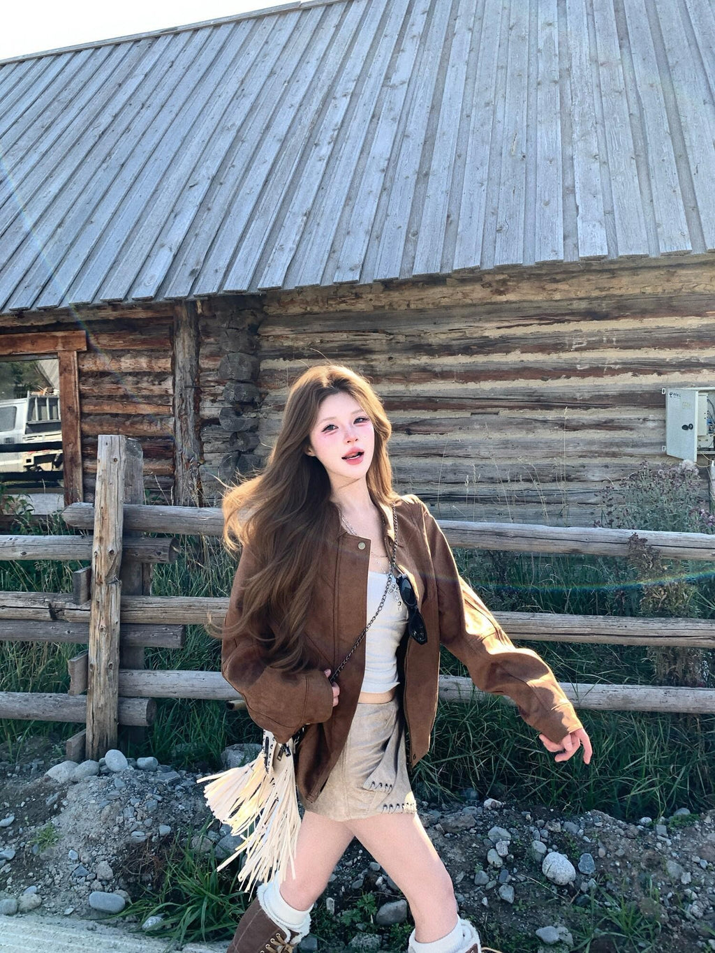 PoopyLii Chestnut Brown Vintage Warm Lined Women's Microsuede Cropped Jackets
