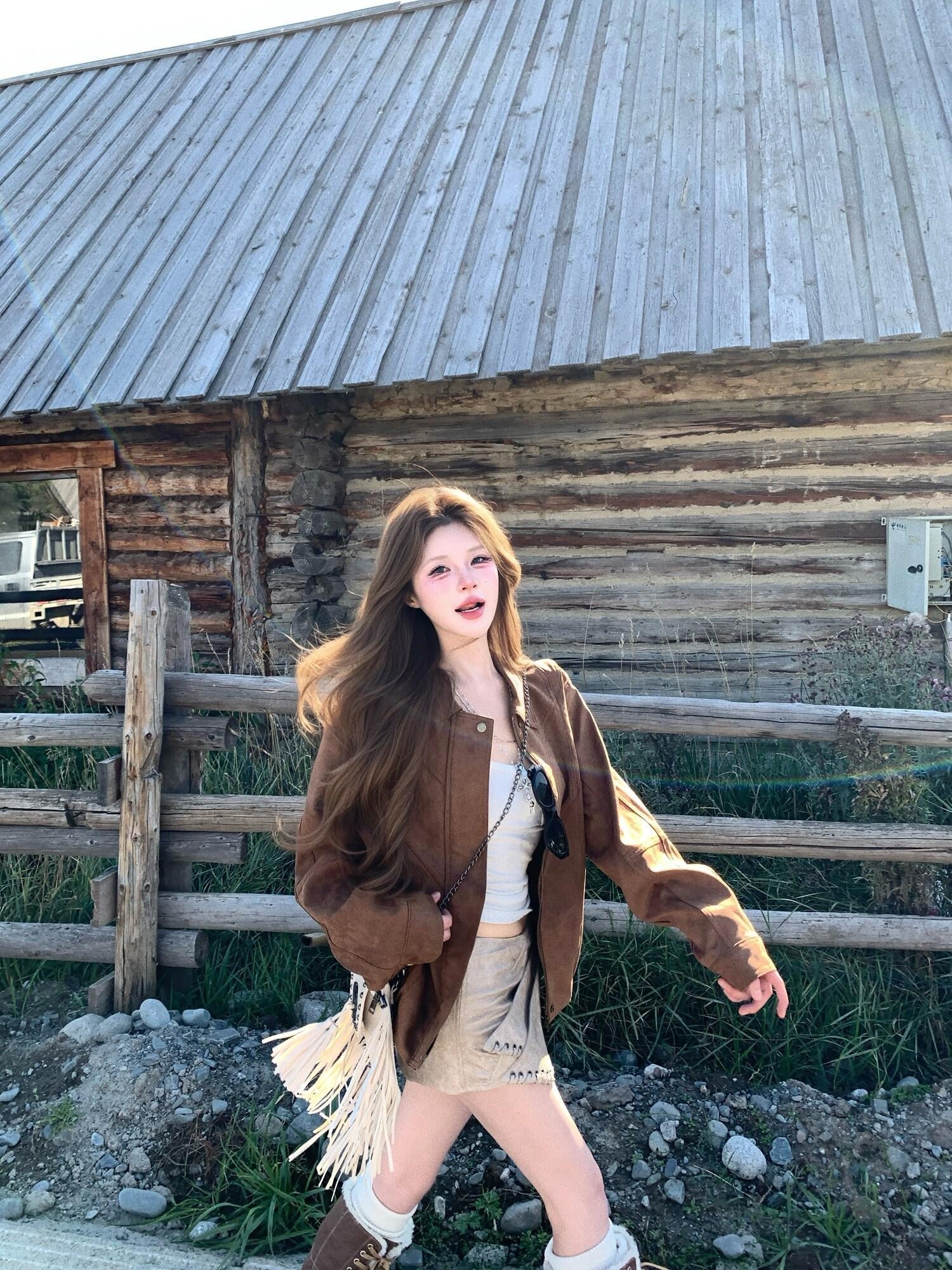 PoopyLii Chestnut Brown Vintage Warm Lined Women's Microsuede Cropped Jackets