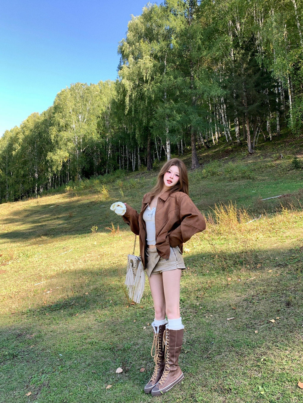 PoopyLii Chestnut Brown Vintage Warm Lined Women's Microsuede Cropped Jackets