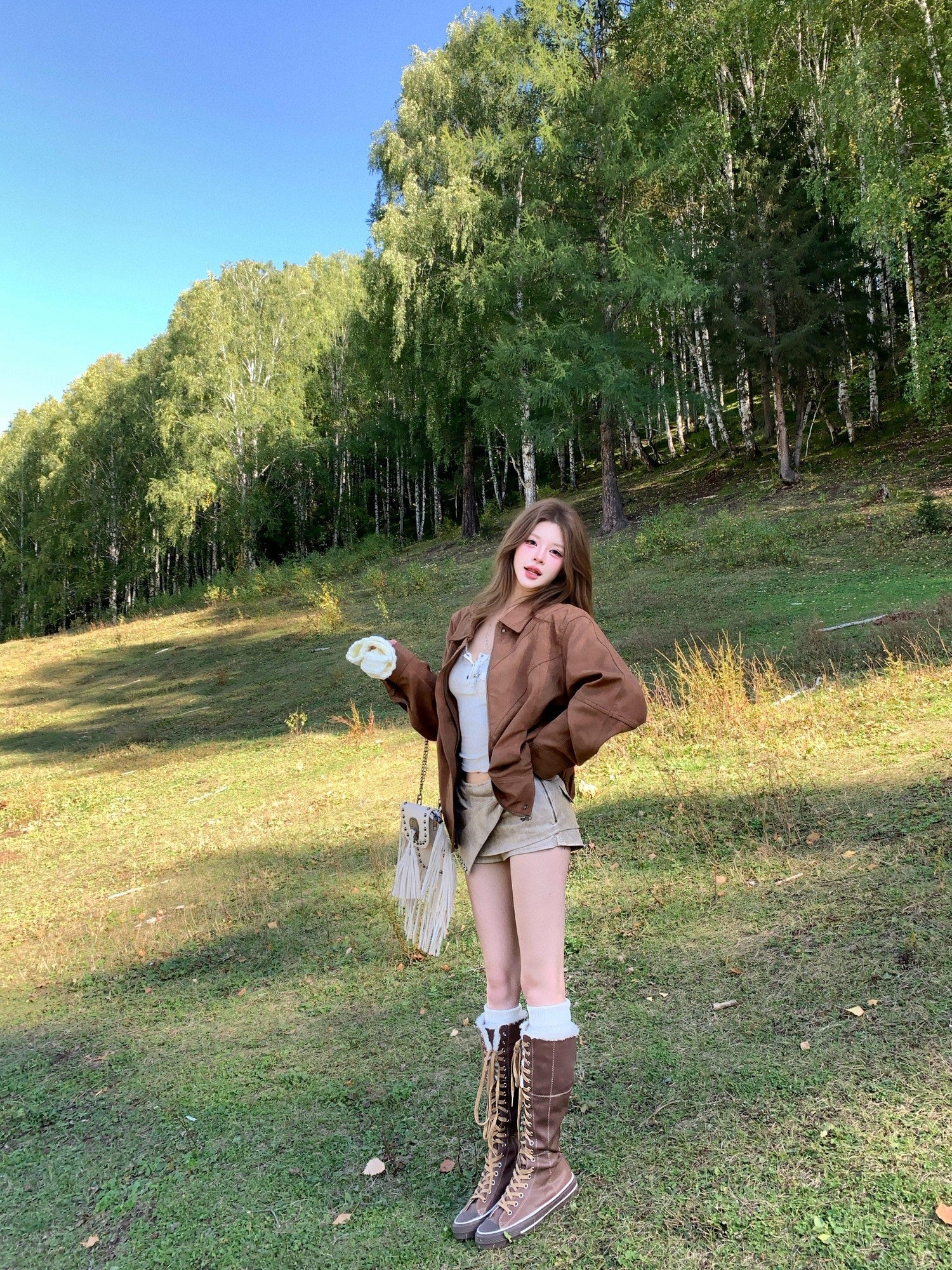 PoopyLii Chestnut Brown Vintage Warm Lined Women's Microsuede Cropped Jackets