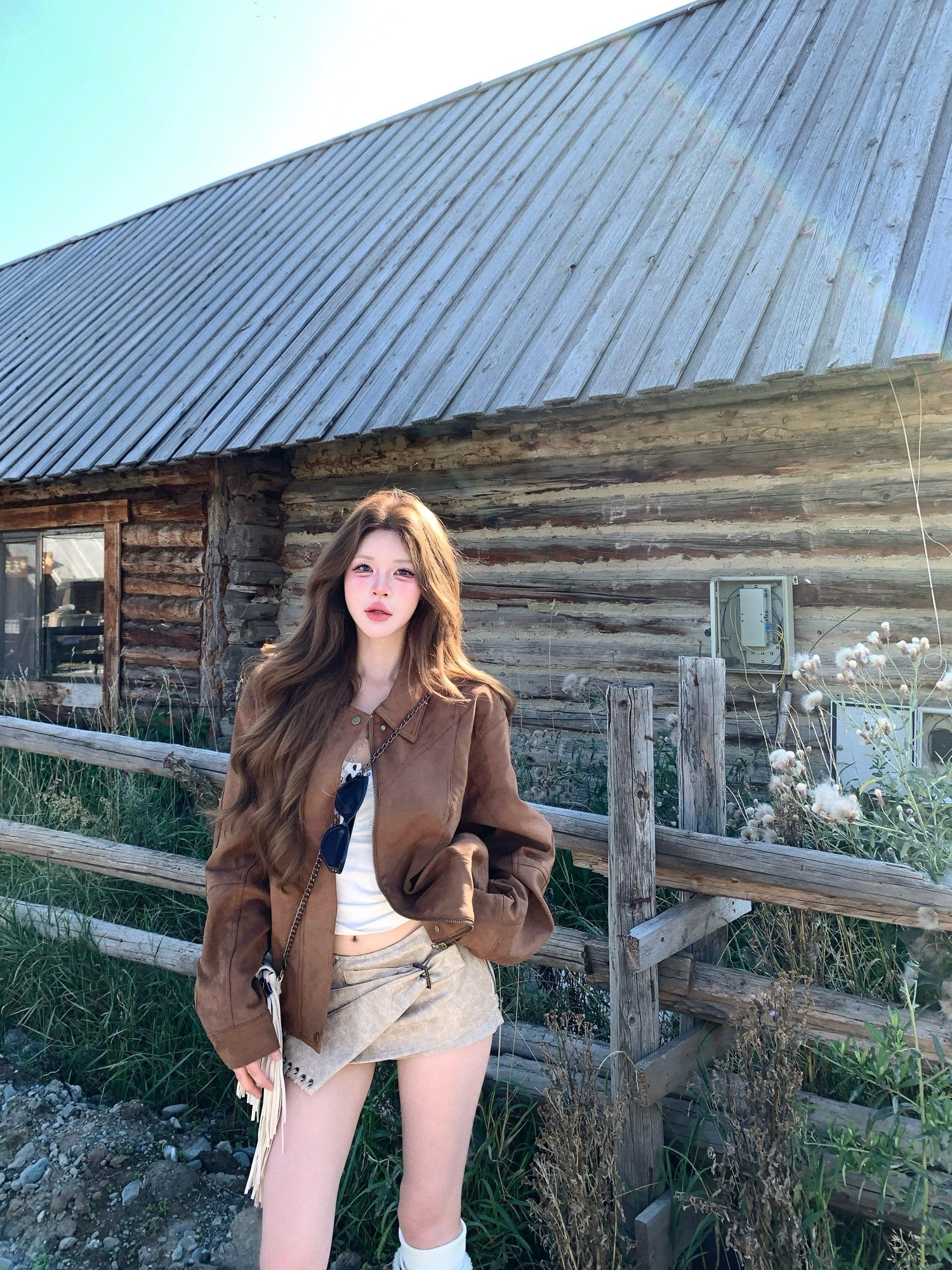 PoopyLii Chestnut Brown Vintage Warm Lined Women's Microsuede Cropped Jackets