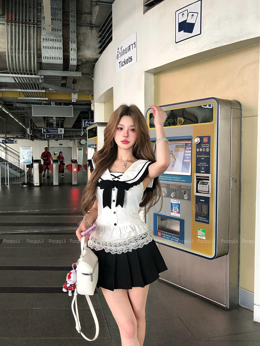 PoopyLii Cinched Waist Sailor Collar Pleated Skort Women's Matching Skirt Sets
