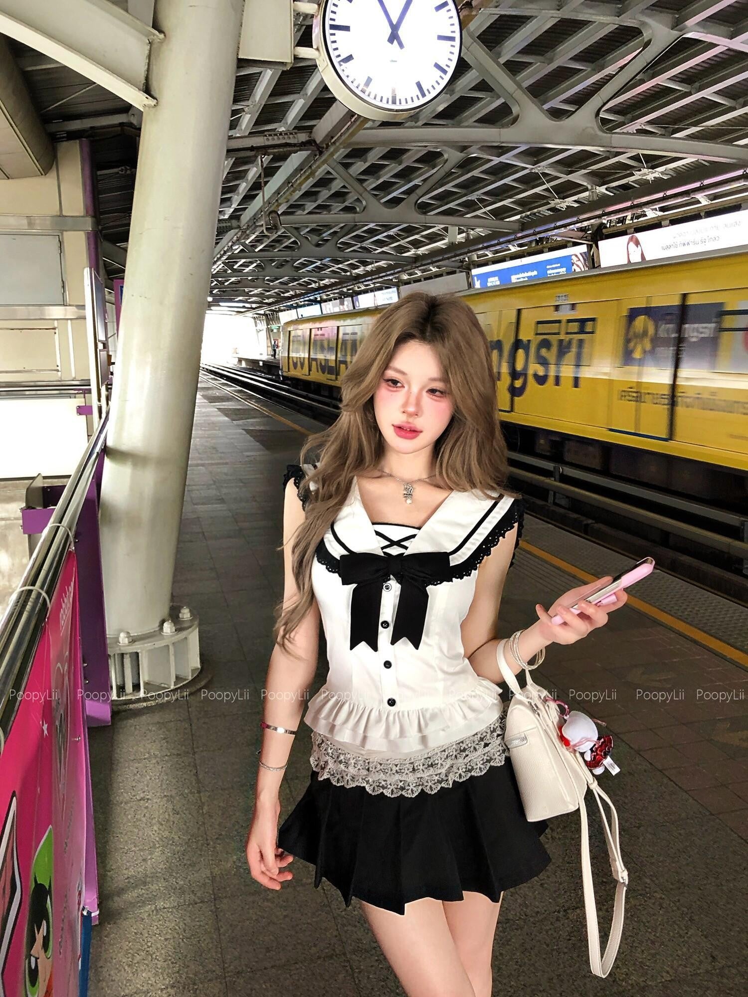 PoopyLii Cinched Waist Sailor Collar Pleated Skort Women's Matching Skirt Sets