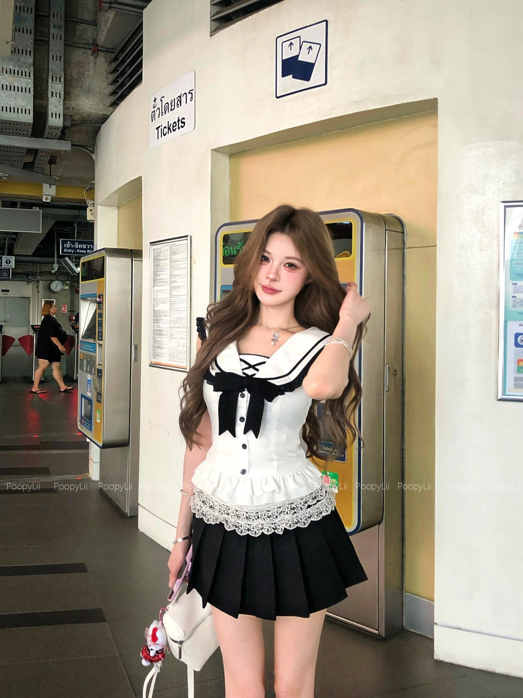 PoopyLii Cinched Waist Sailor Collar Pleated Skort Women's Matching Skirt Sets