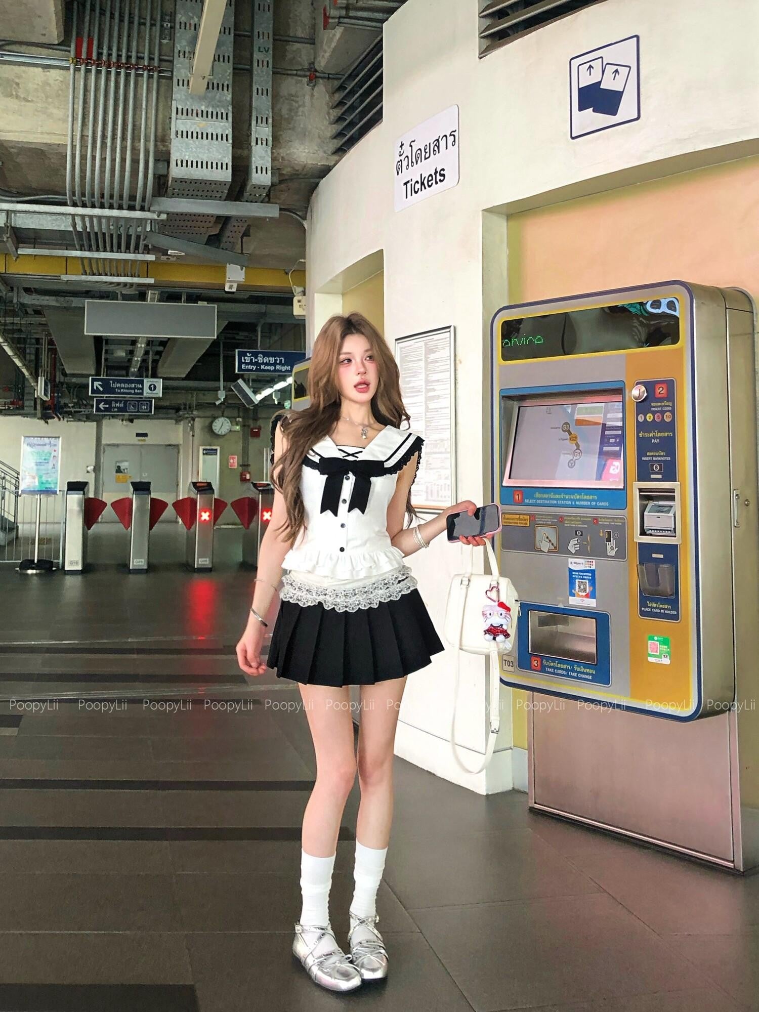 PoopyLii Cinched Waist Sailor Collar Pleated Skort Women's Matching Skirt Sets