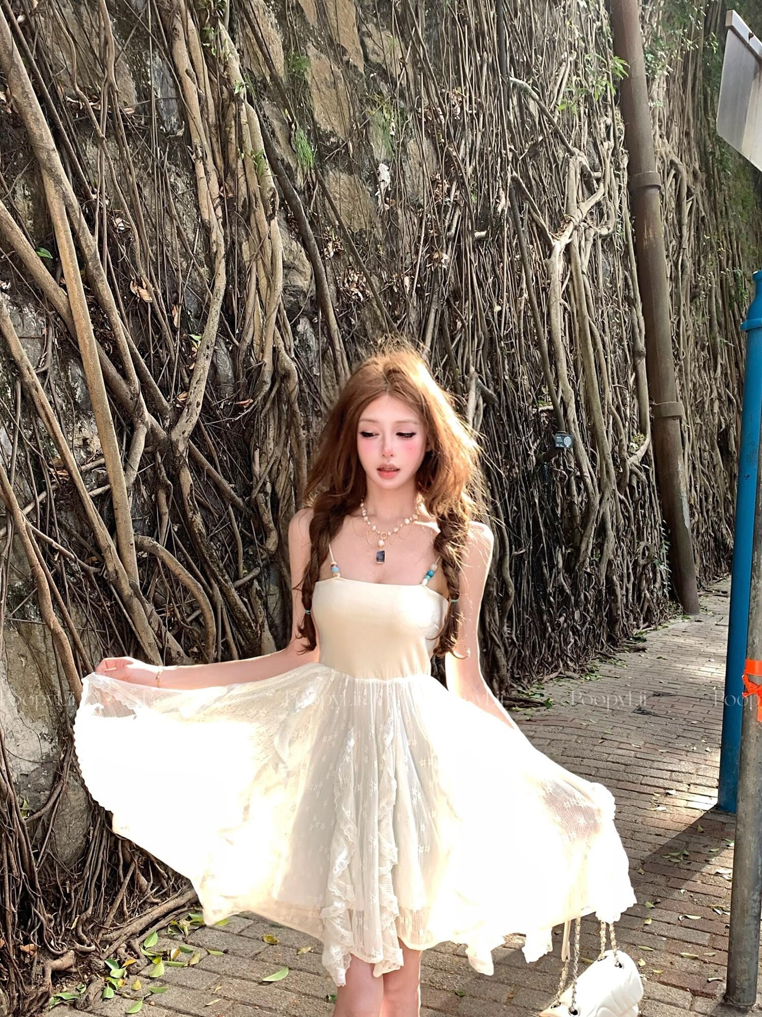 PoopyLii Cloud And Sun Print Spaghetti Strap Women's Ruffle Hem Slip Mini Dresses