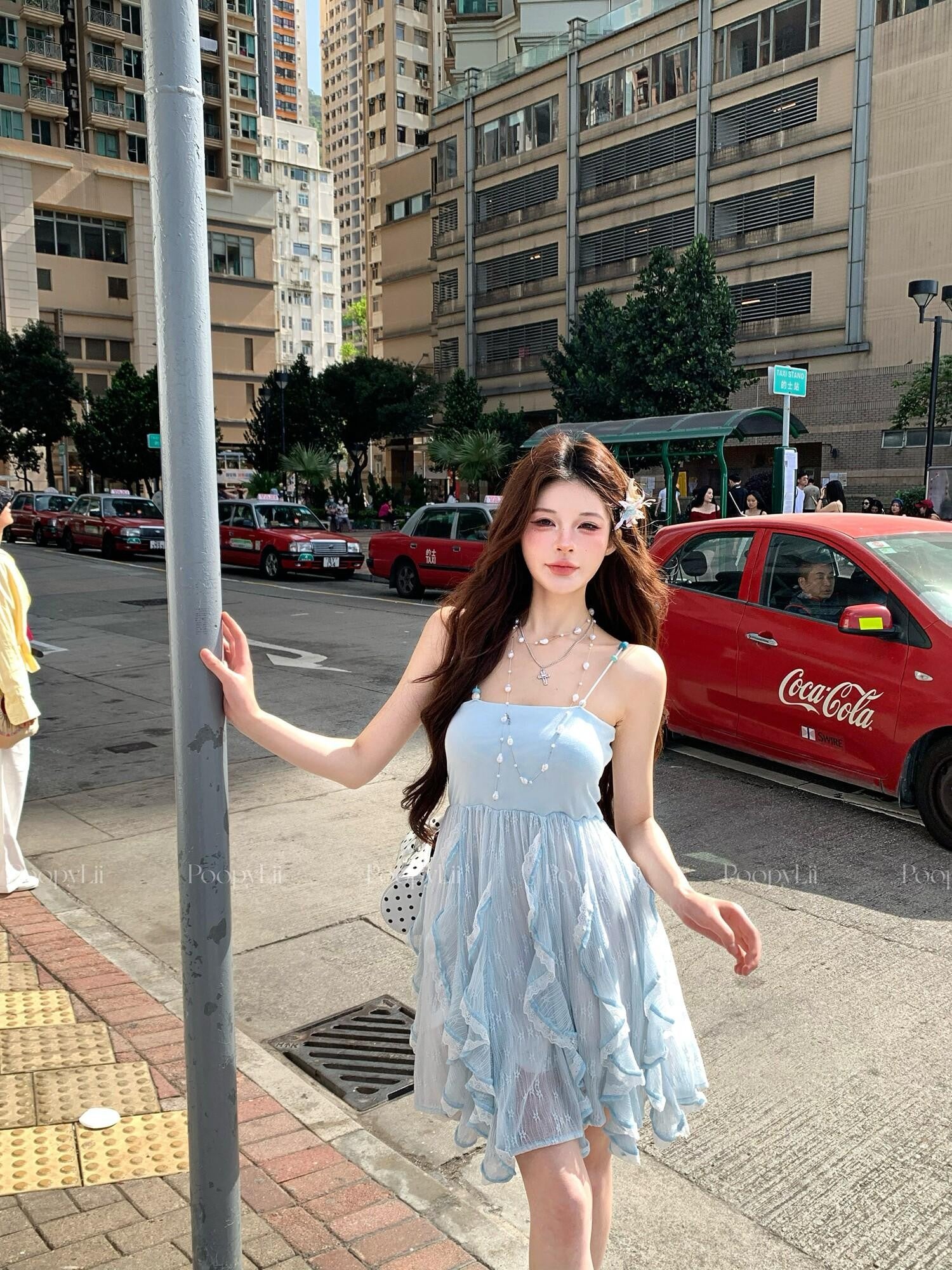 PoopyLii Cloud And Sun Print Spaghetti Strap Women's Ruffle Hem Slip Mini Dresses