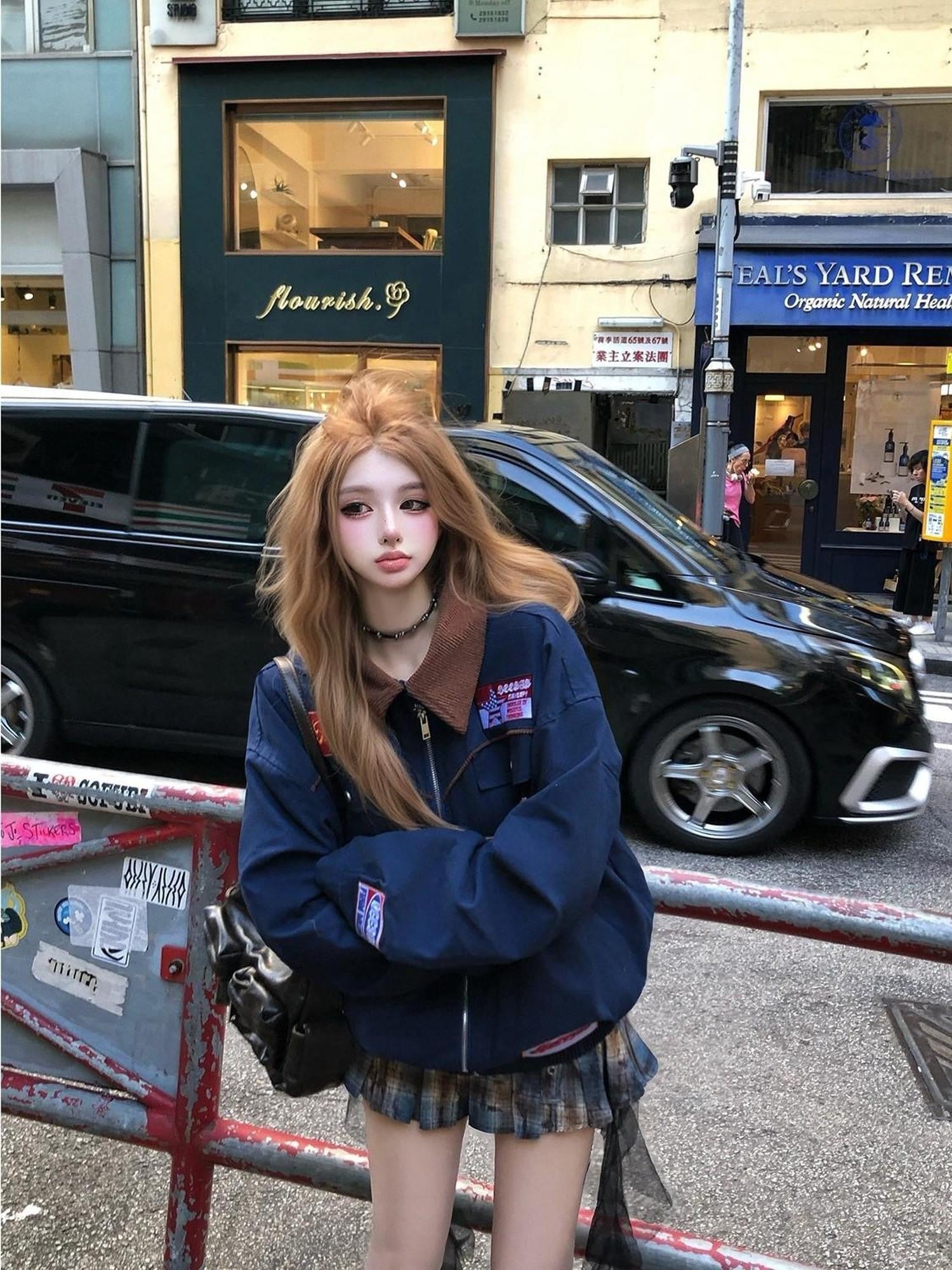 PoopyLii Colorblock Contrast Collar Oversized Retro Street Women's Varsity Jackets
