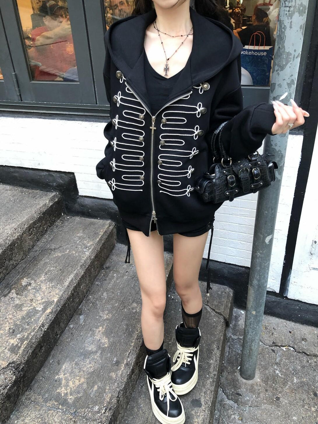 PoopyLii Colorblock Court Rope Embroidered Cross Women's Cotton Blend Zip-up Hoodies