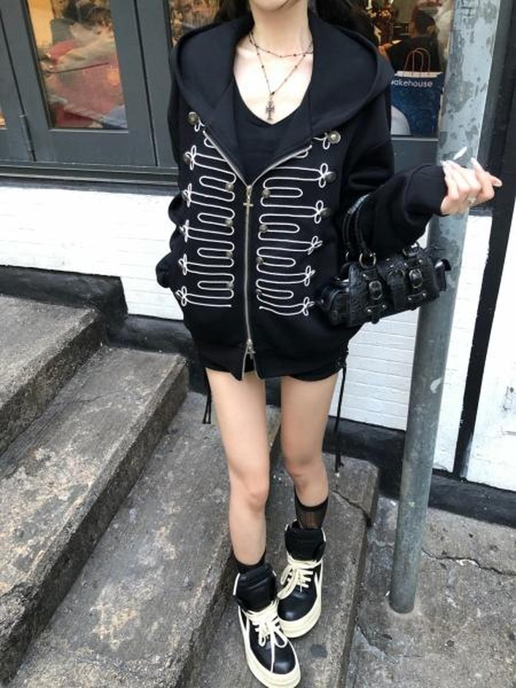 PoopyLii Colorblock Court Rope Embroidered Cross Women's Cotton Blend Zip-up Hoodies