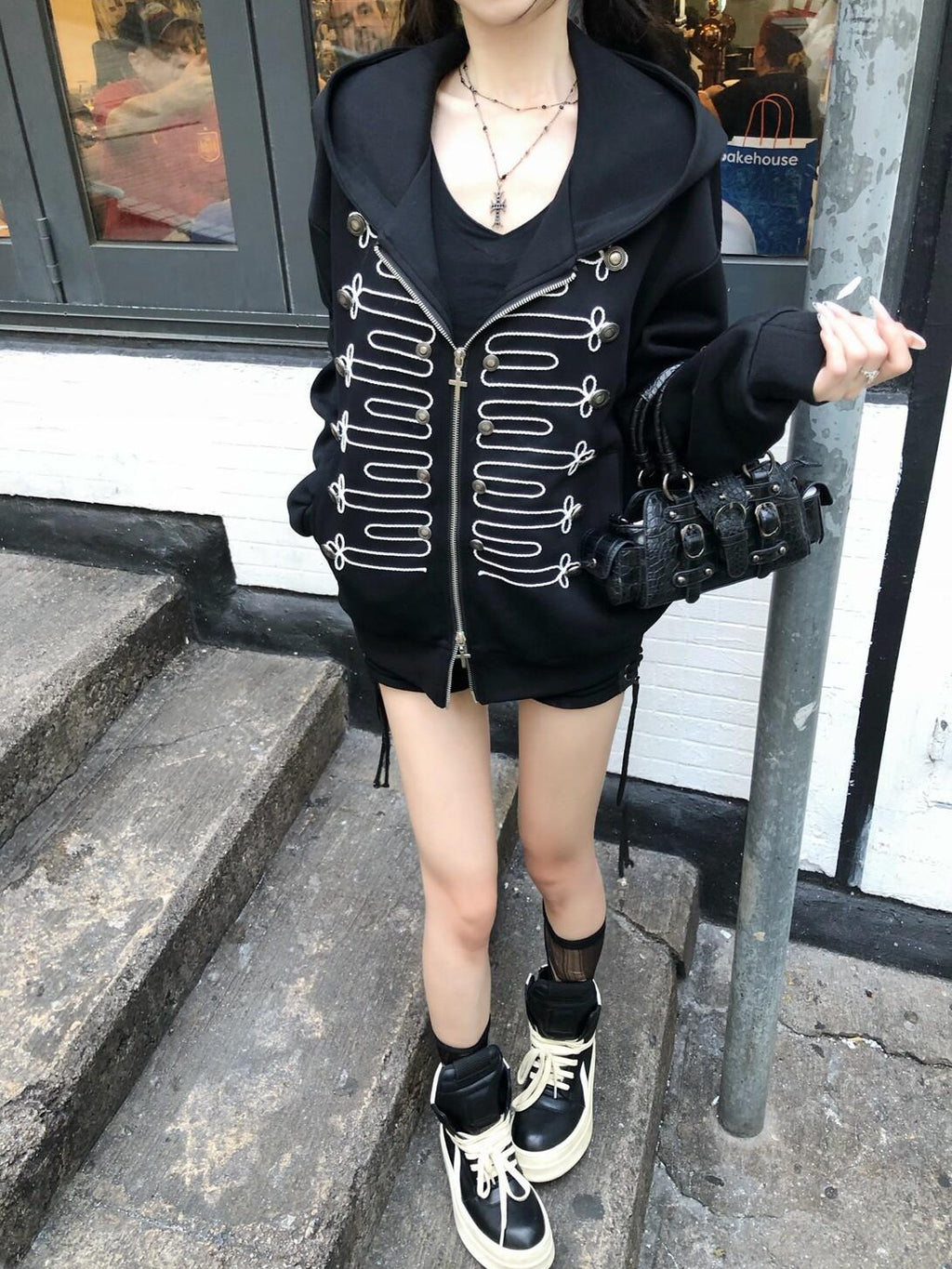 PoopyLii Colorblock Court Rope Embroidered Cross Women's Cotton Blend Zip-up Hoodies