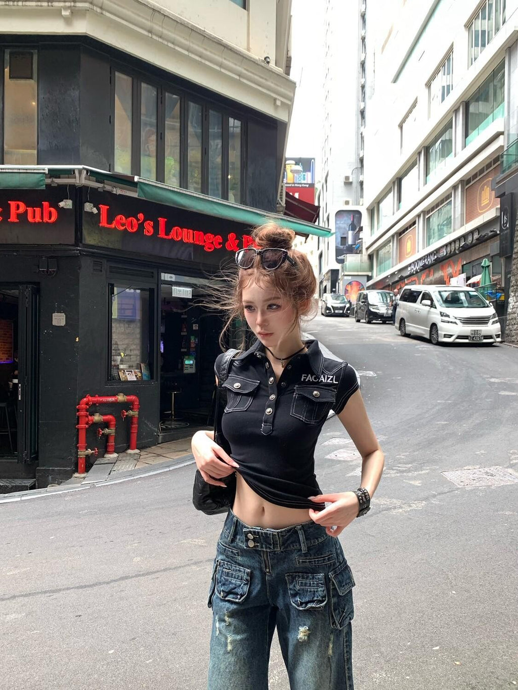 PoopyLii Colorblock Metal Button Collared Exposed Stitch Fitted Women's Crop Tops
