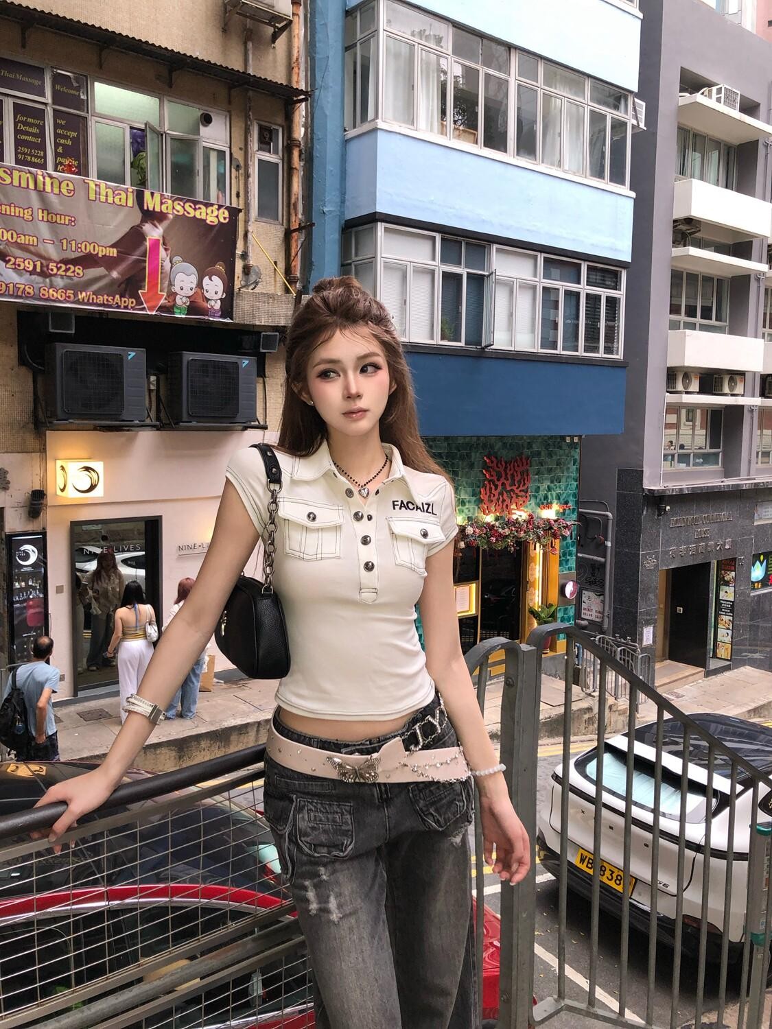 PoopyLii Colorblock Metal Button Collared Exposed Stitch Fitted Women's Crop Tops