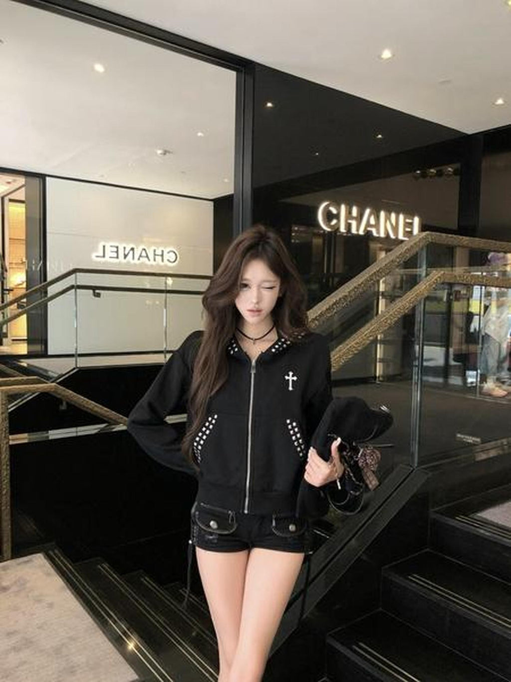PoopyLii Cropped Rivet Embroidered Cross Hooded Women's Polyester Cotton Zip-up Hoodies