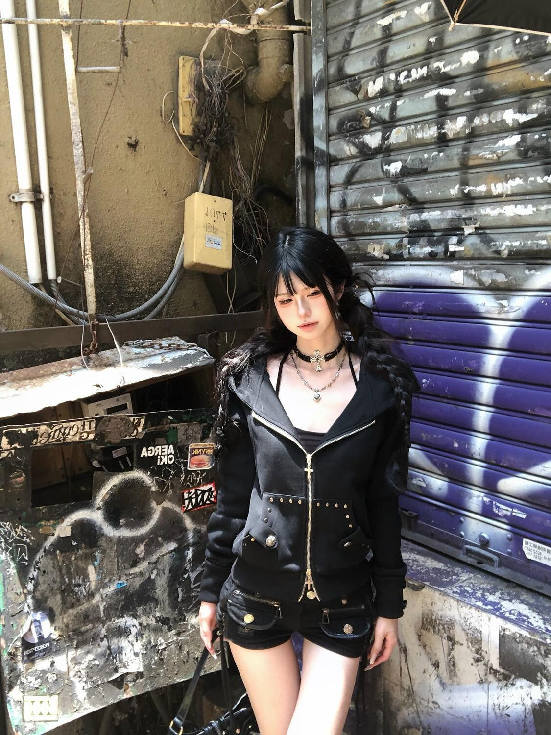 PoopyLii Dark Gray Studded Pocket Punk Women's Cotton Blend Zip-up Hoodies
