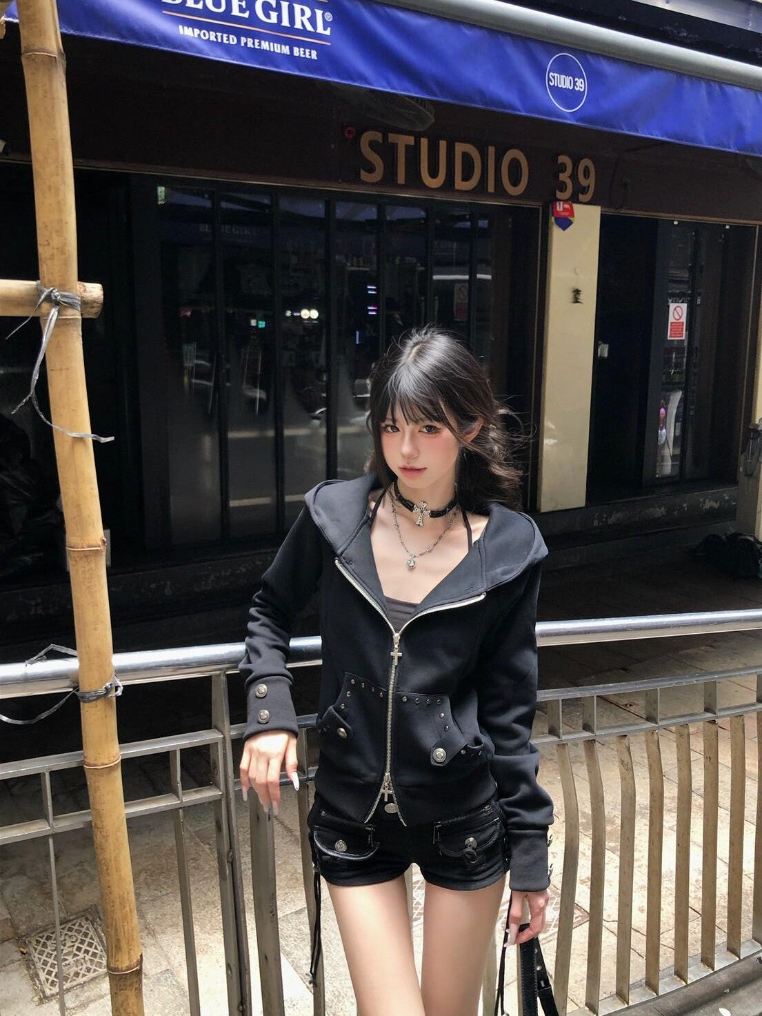 PoopyLii Dark Gray Studded Pocket Punk Women's Cotton Blend Zip-up Hoodies