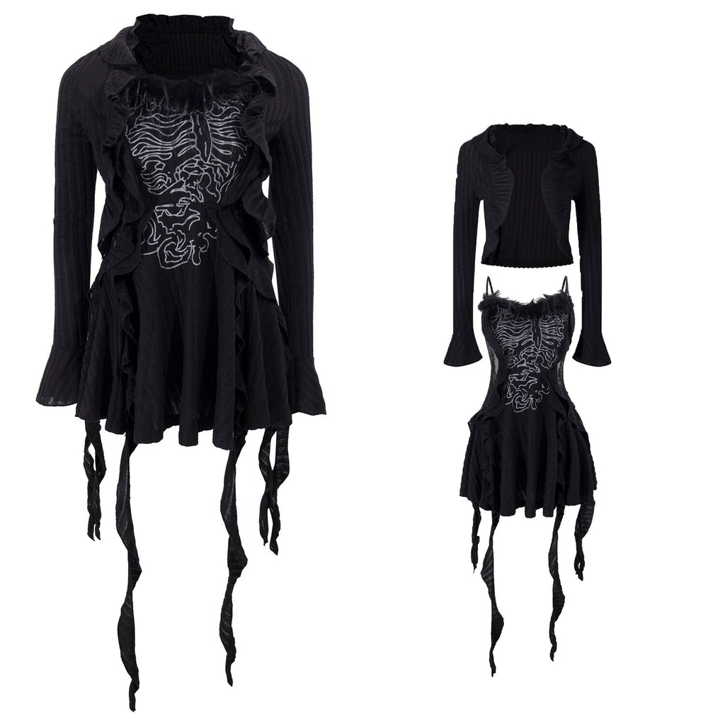 PoopyLii_Dark_Rustic_Ribbon_Strap_Asymmetric_Cardigan_Two_Piece_Women's_Slip_Mini_Dresses_993500265466_MISSTT