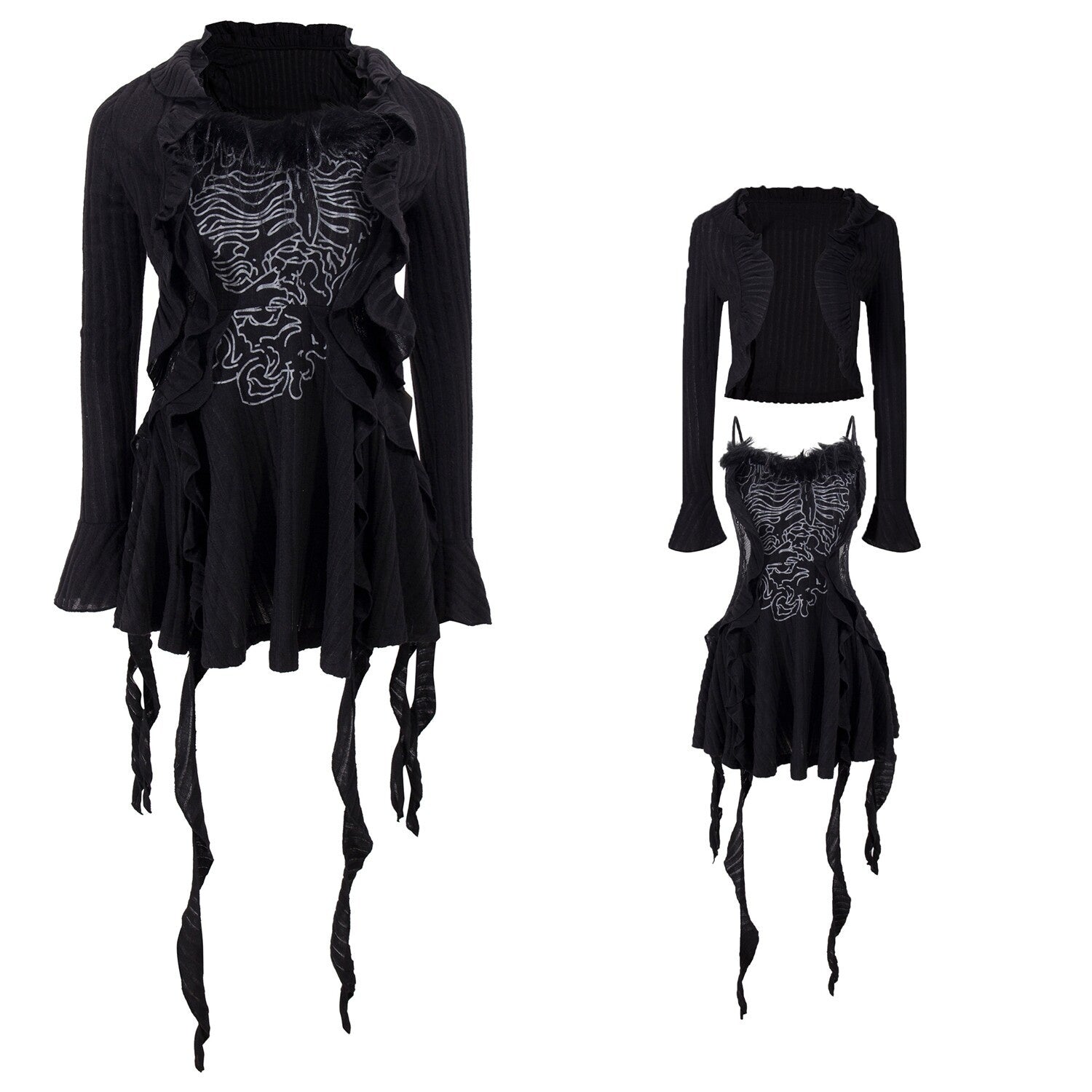 PoopyLii_Dark_Rustic_Ribbon_Strap_Asymmetric_Cardigan_Two_Piece_Women's_Slip_Mini_Dresses_993500265466_MISSTT