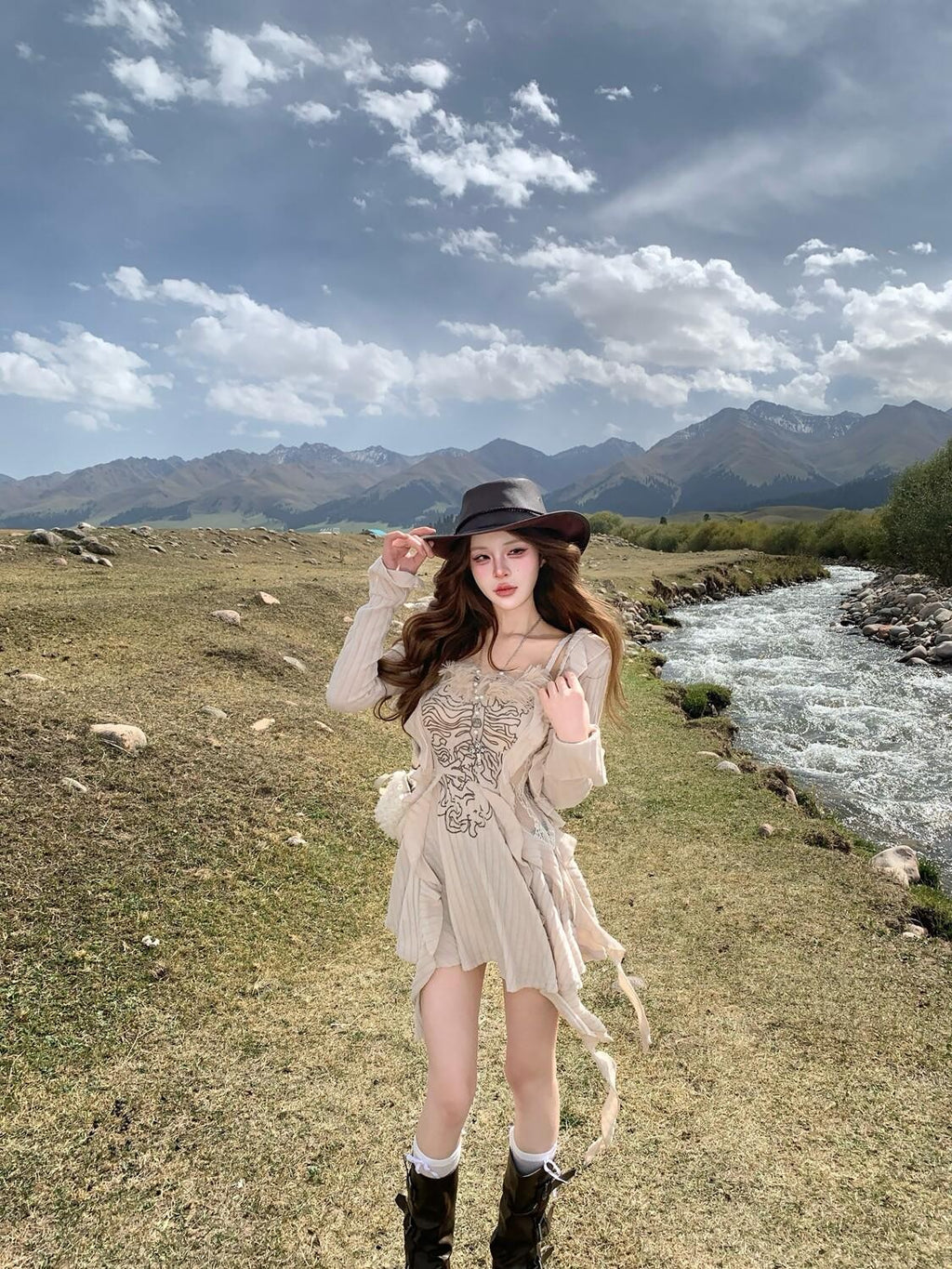 PoopyLii Dark Rustic Ribbon Strap Asymmetric Cardigan Two Piece Women's Slip Mini Dresses