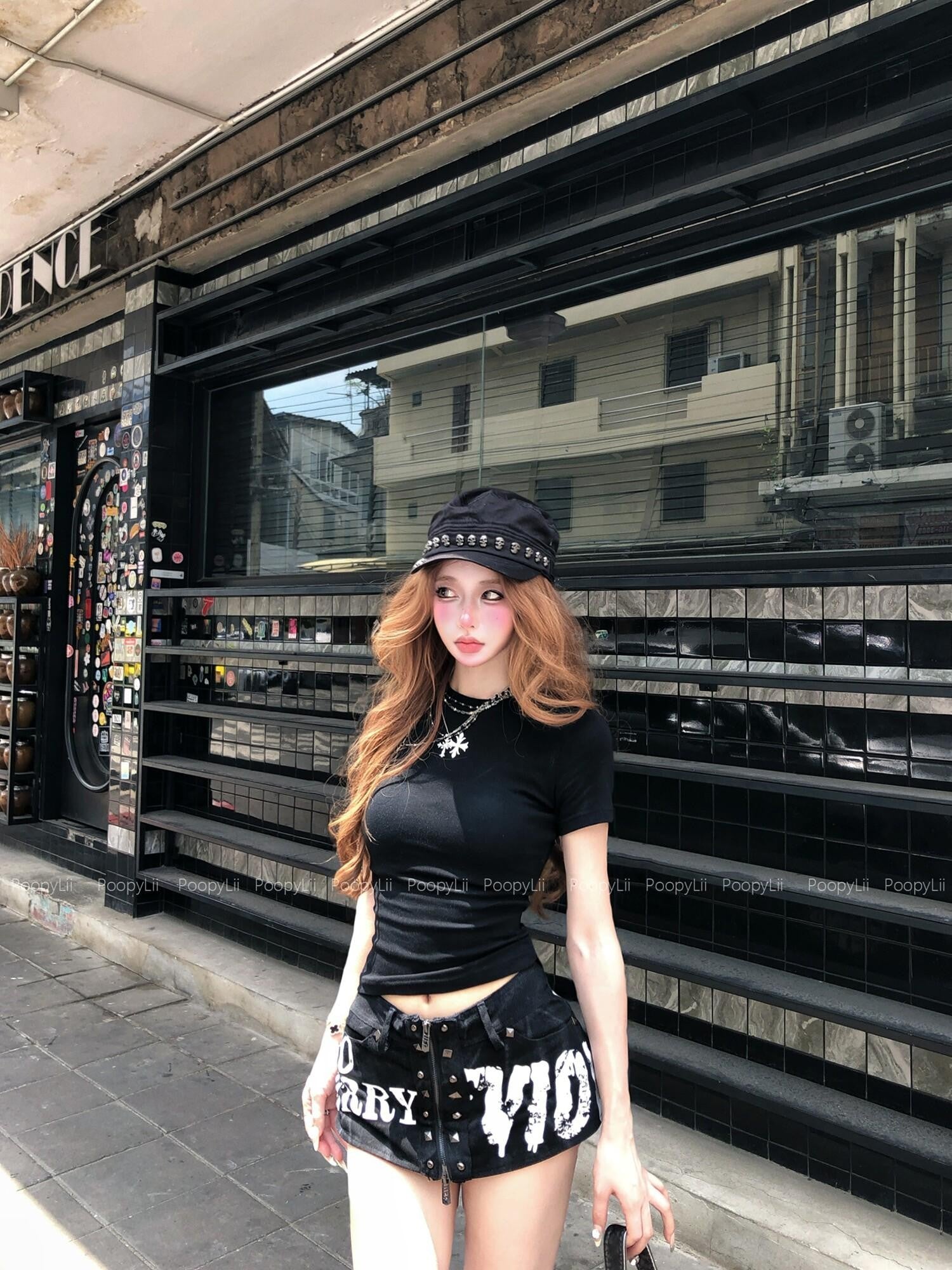 PoopyLii Denim Cross Print Cropped Regular Shoulder Women's Slim T-shirts