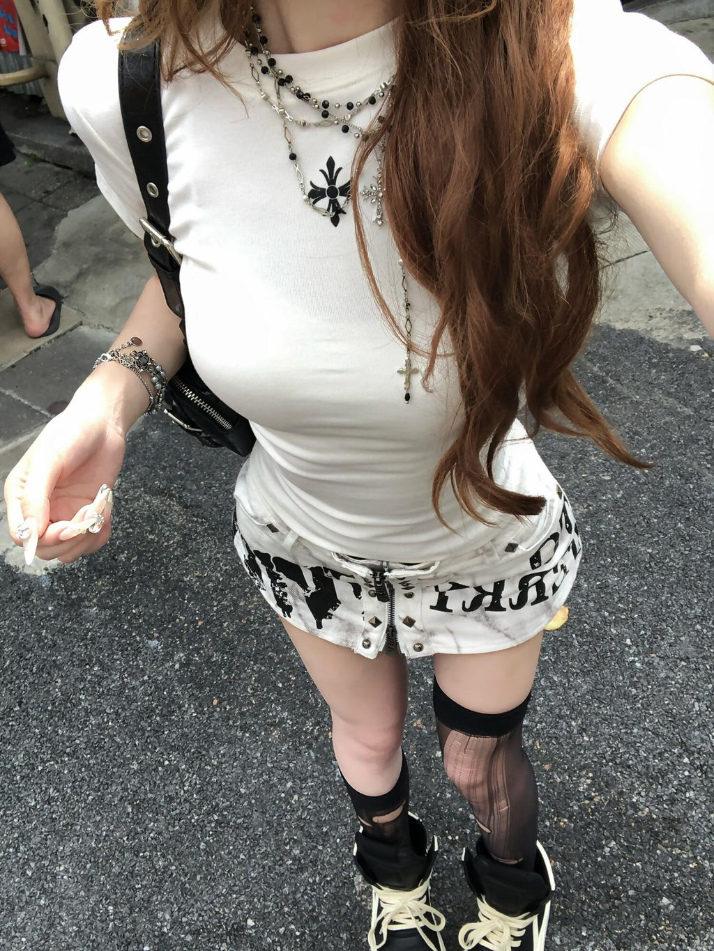 PoopyLii Denim Cross Print Cropped Regular Shoulder Women's Slim T-shirts