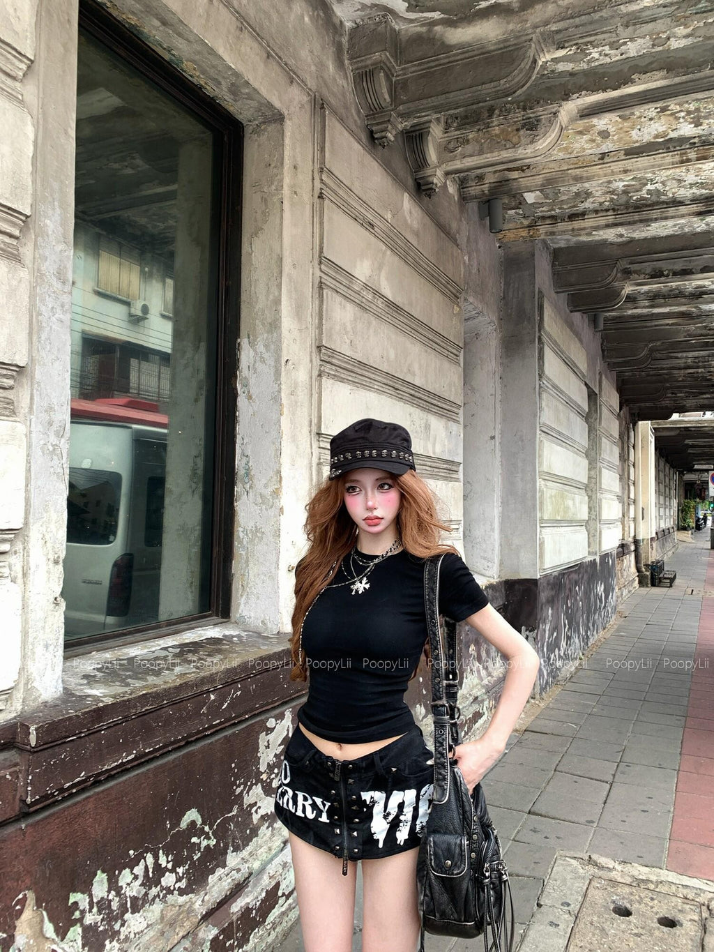PoopyLii Denim Cross Print Cropped Regular Shoulder Women's Slim T-shirts