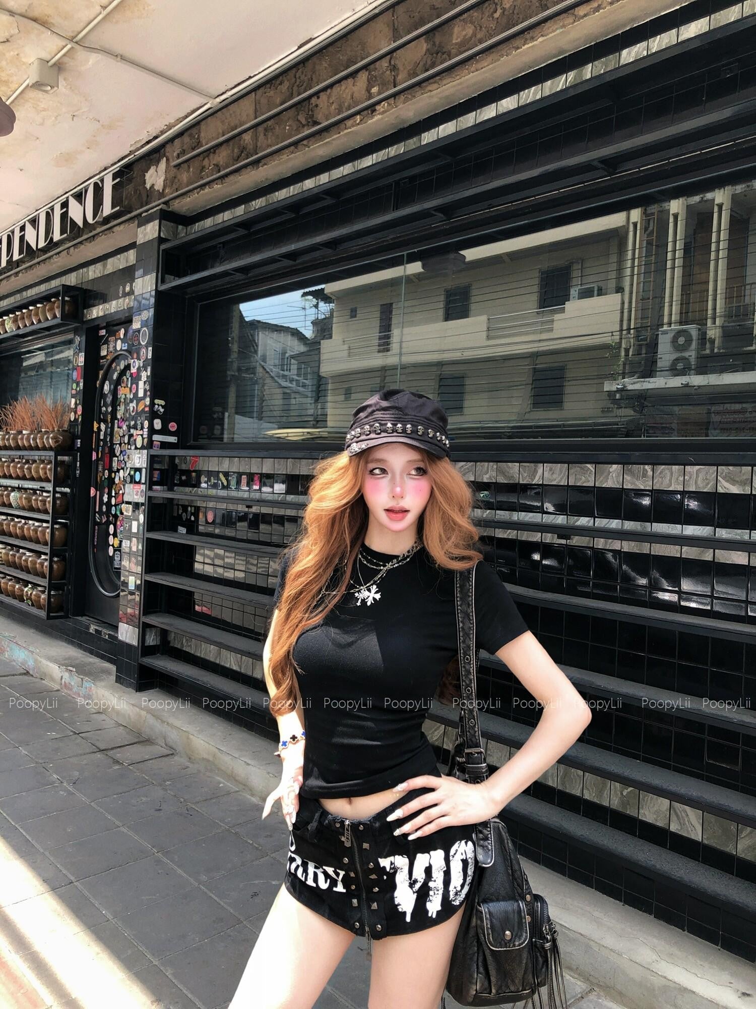 PoopyLii Denim Cross Print Cropped Regular Shoulder Women's Slim T-shirts