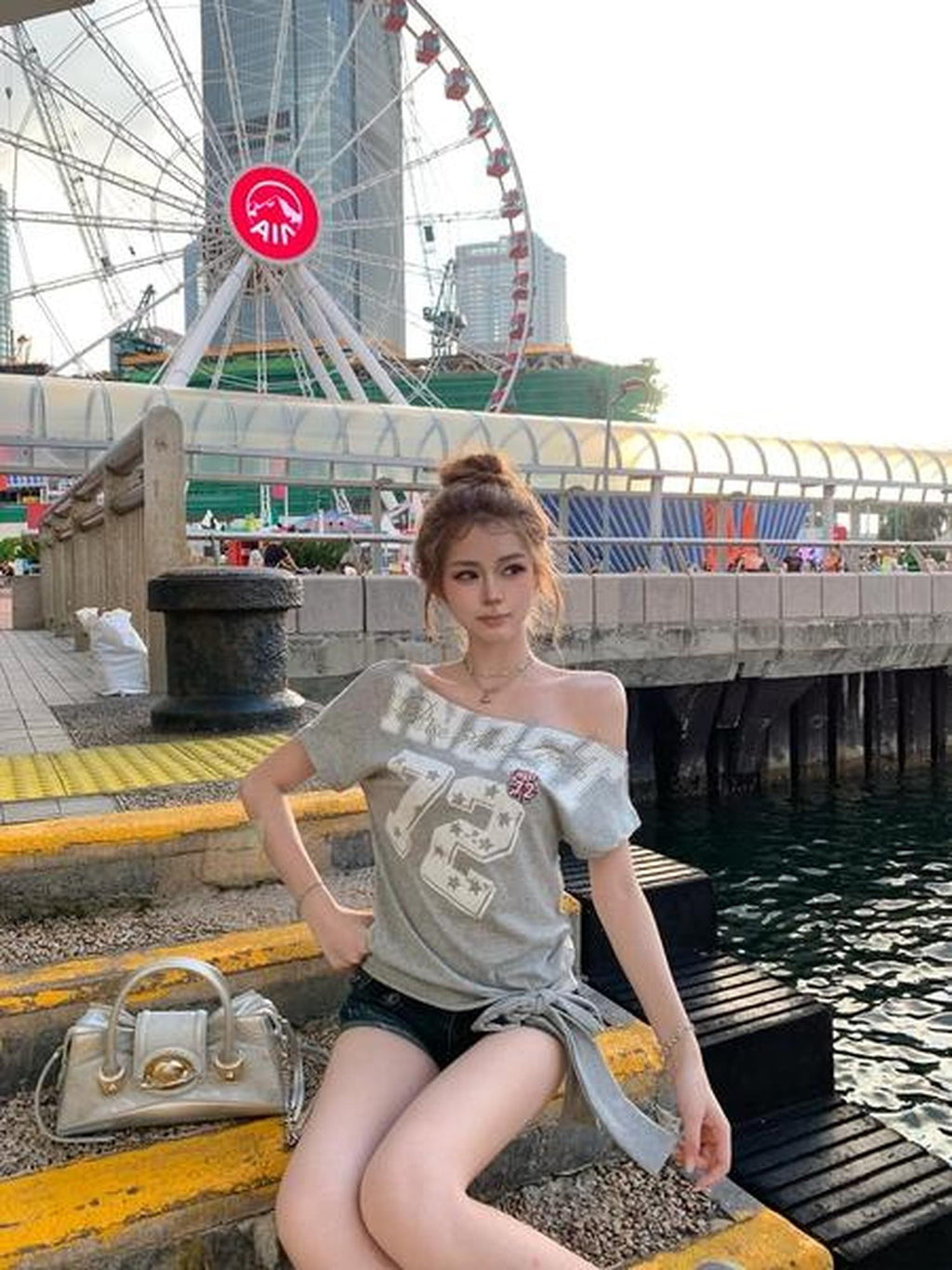 PoopyLii Digital Print Lace Up Slanted Shoulder Women's Cotton Off-shoulder T-shirts