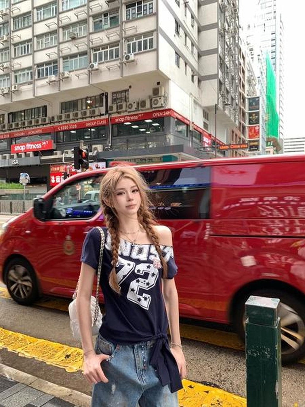 PoopyLii Digital Print Lace Up Slanted Shoulder Women's Cotton Off-shoulder T-shirts