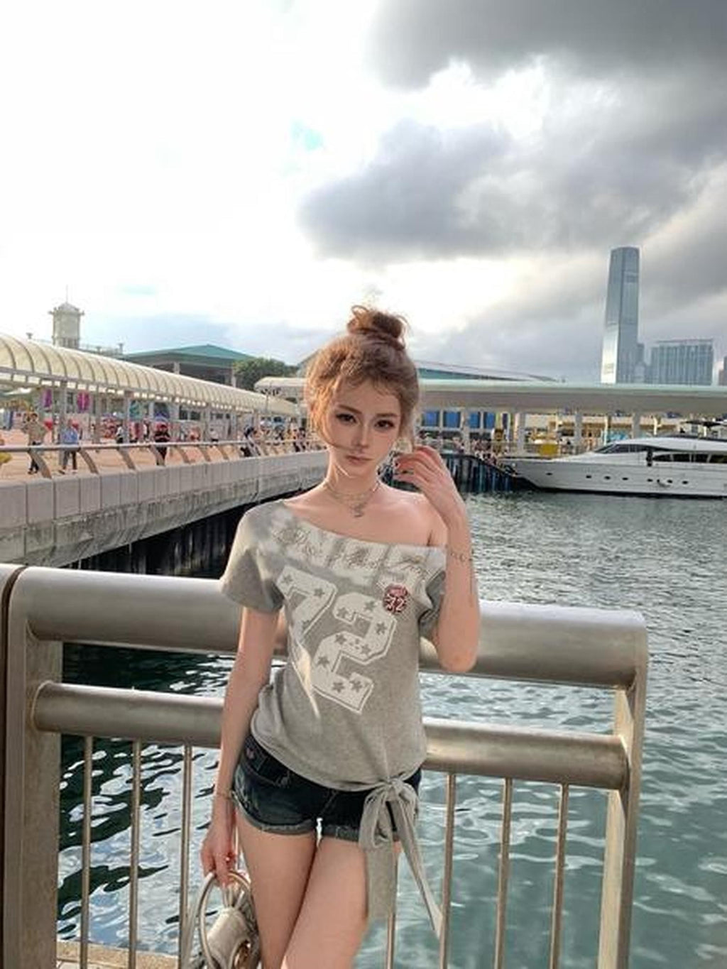 PoopyLii Digital Print Lace Up Slanted Shoulder Women's Cotton Off-shoulder T-shirts