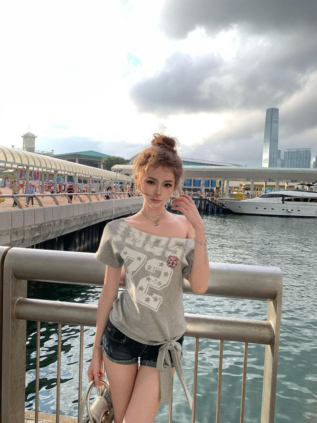 PoopyLii Digital Print Lace Up Slanted Shoulder Women's Cotton Off-shoulder T-shirts