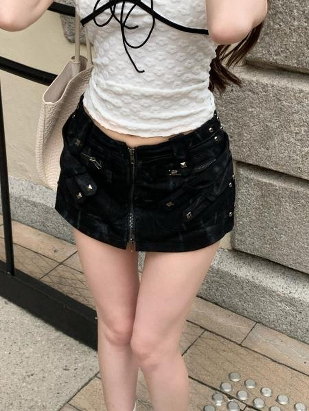 PoopyLii Distressed Black Studded Denim A Line Mid Waist Women's Cotton Mini Skirts